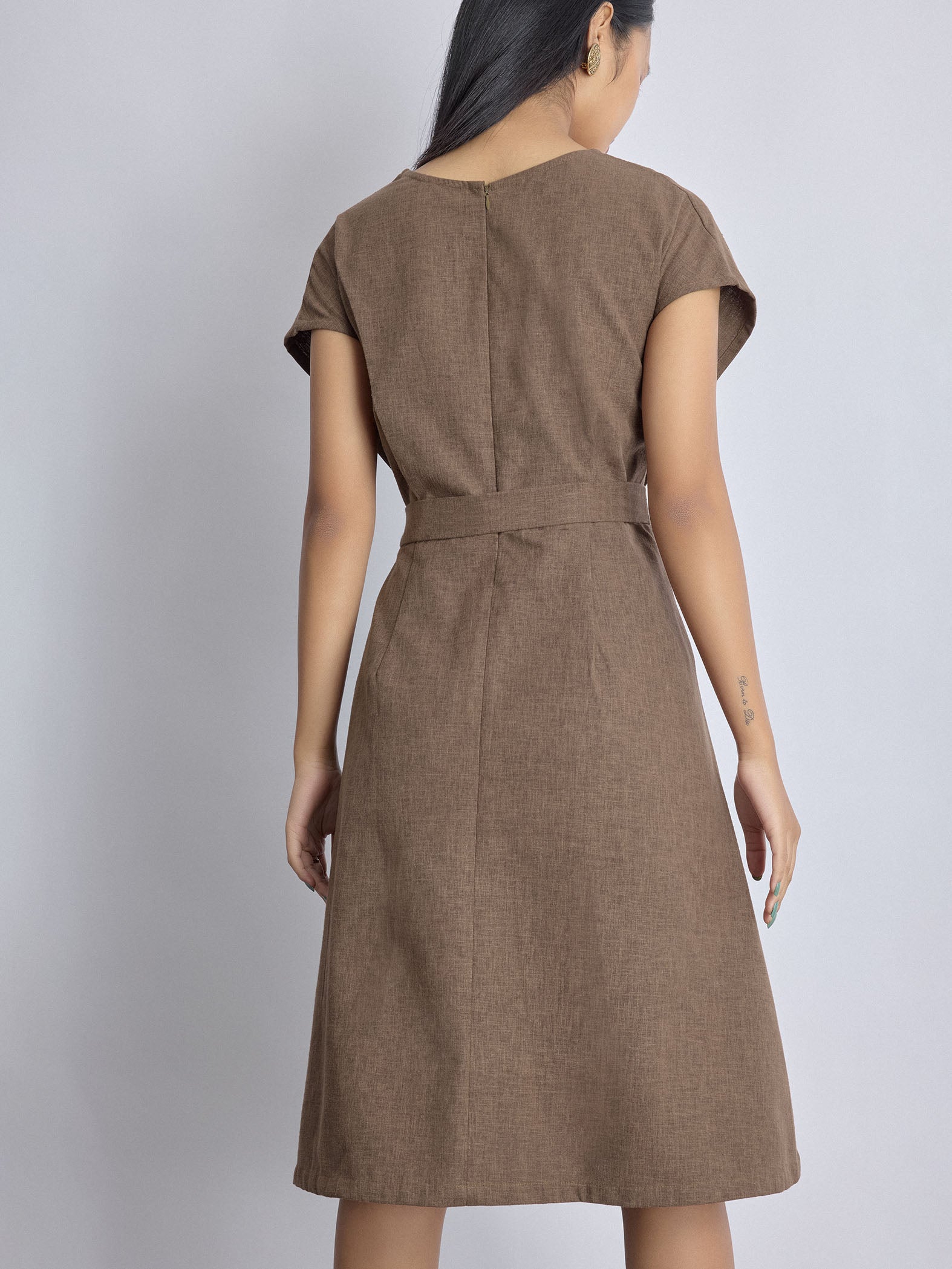 Walnut Linen Pleated Dress