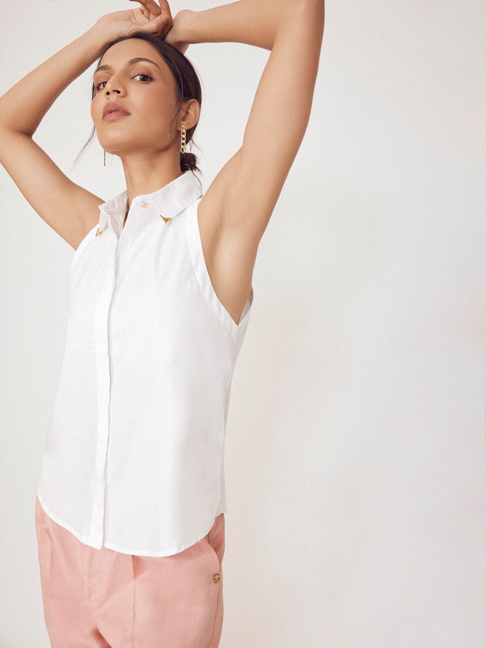 White Collar Pin Detail In Cut Shirt