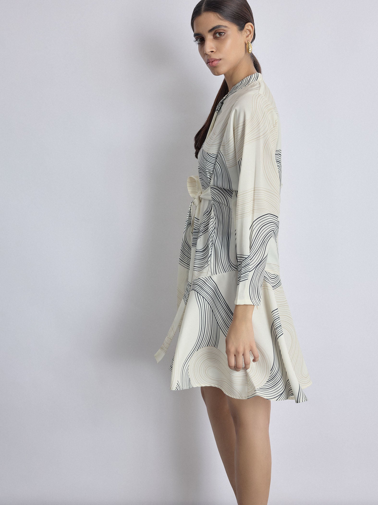 White Groovy Print Front Tie Dress