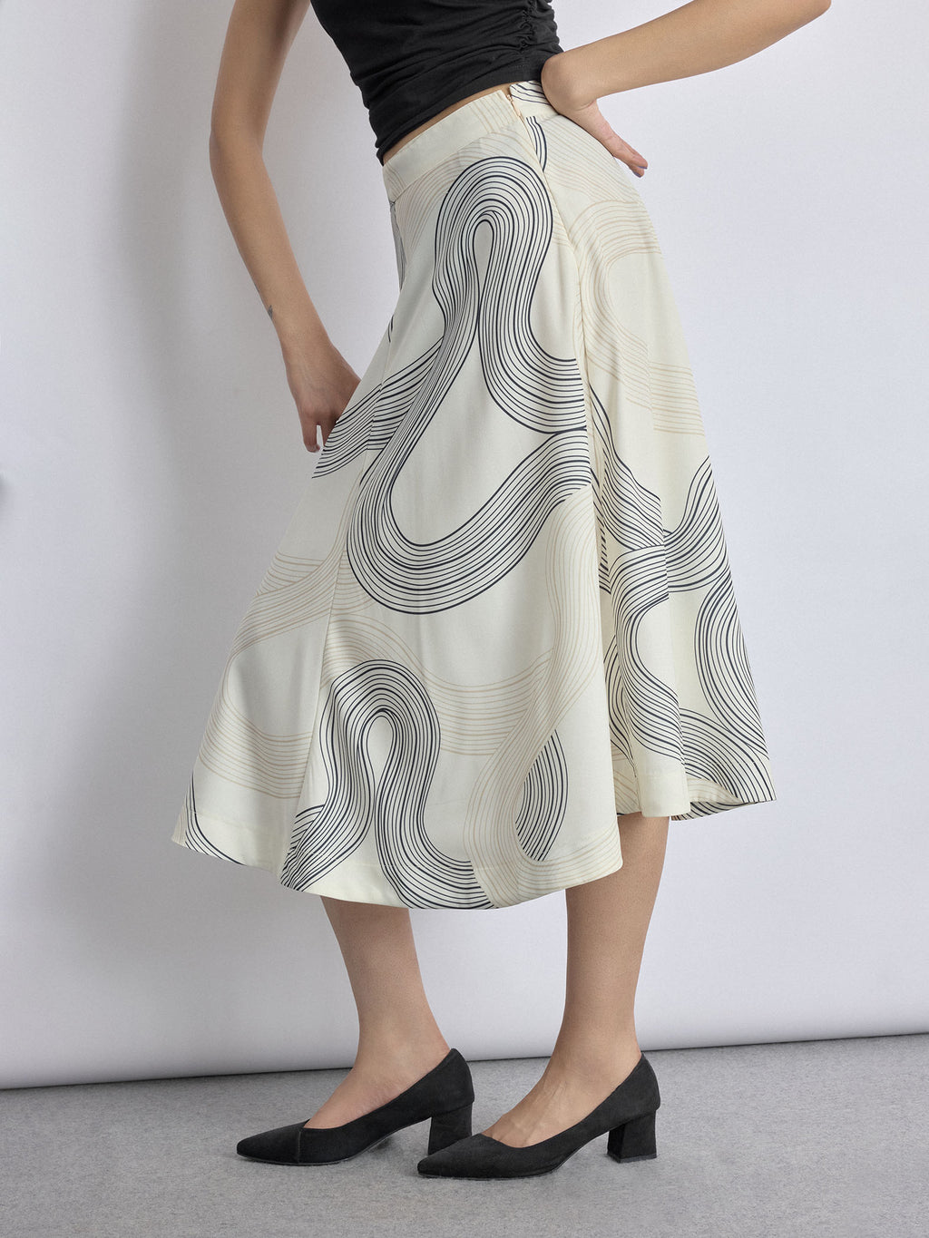White Groovy Print Midi Skirt