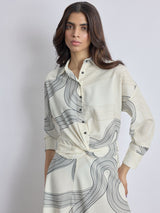 White Groovy Print Twist Hem Shirt