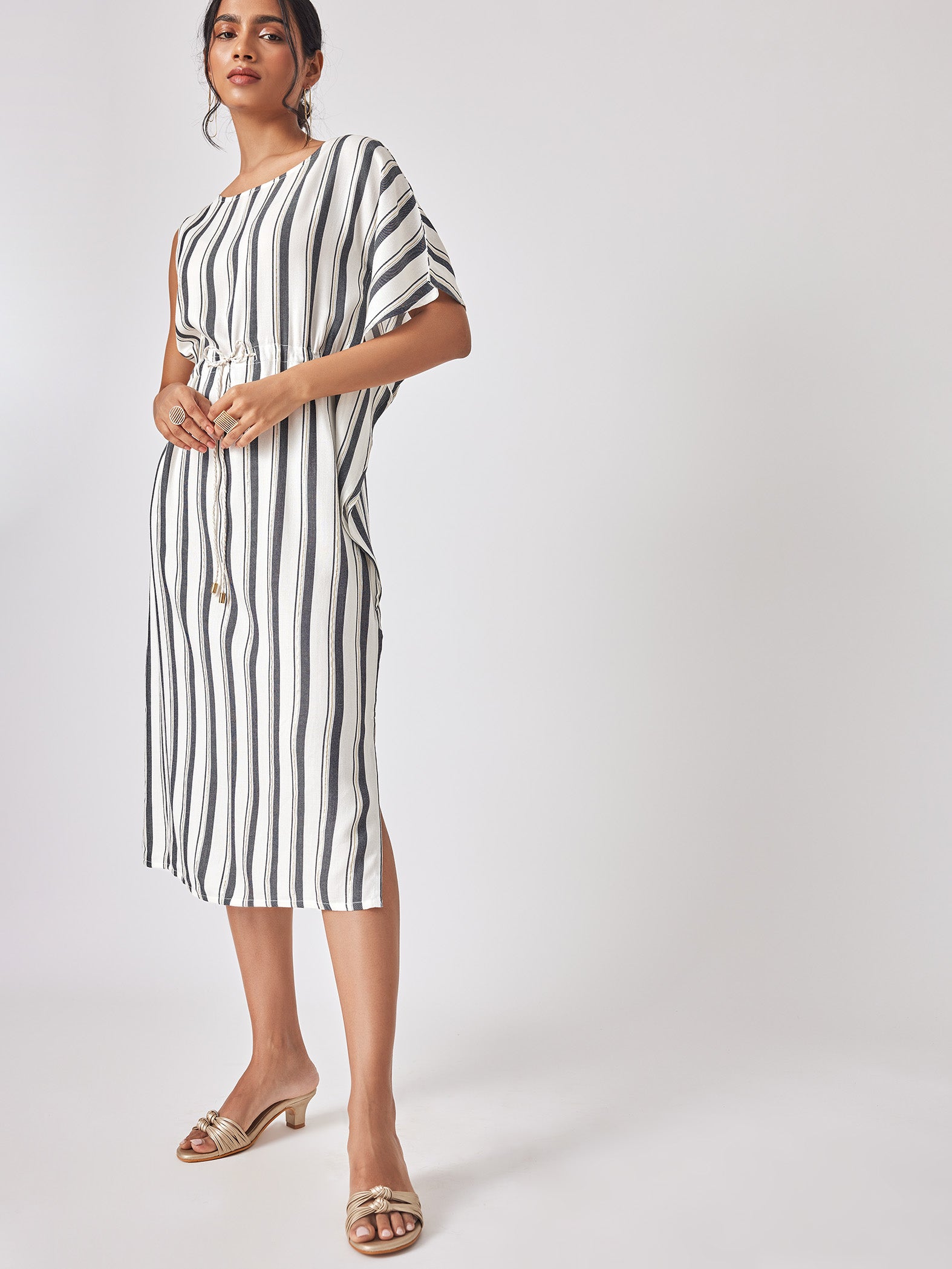 White Striped Kaftan Sleeve Dress