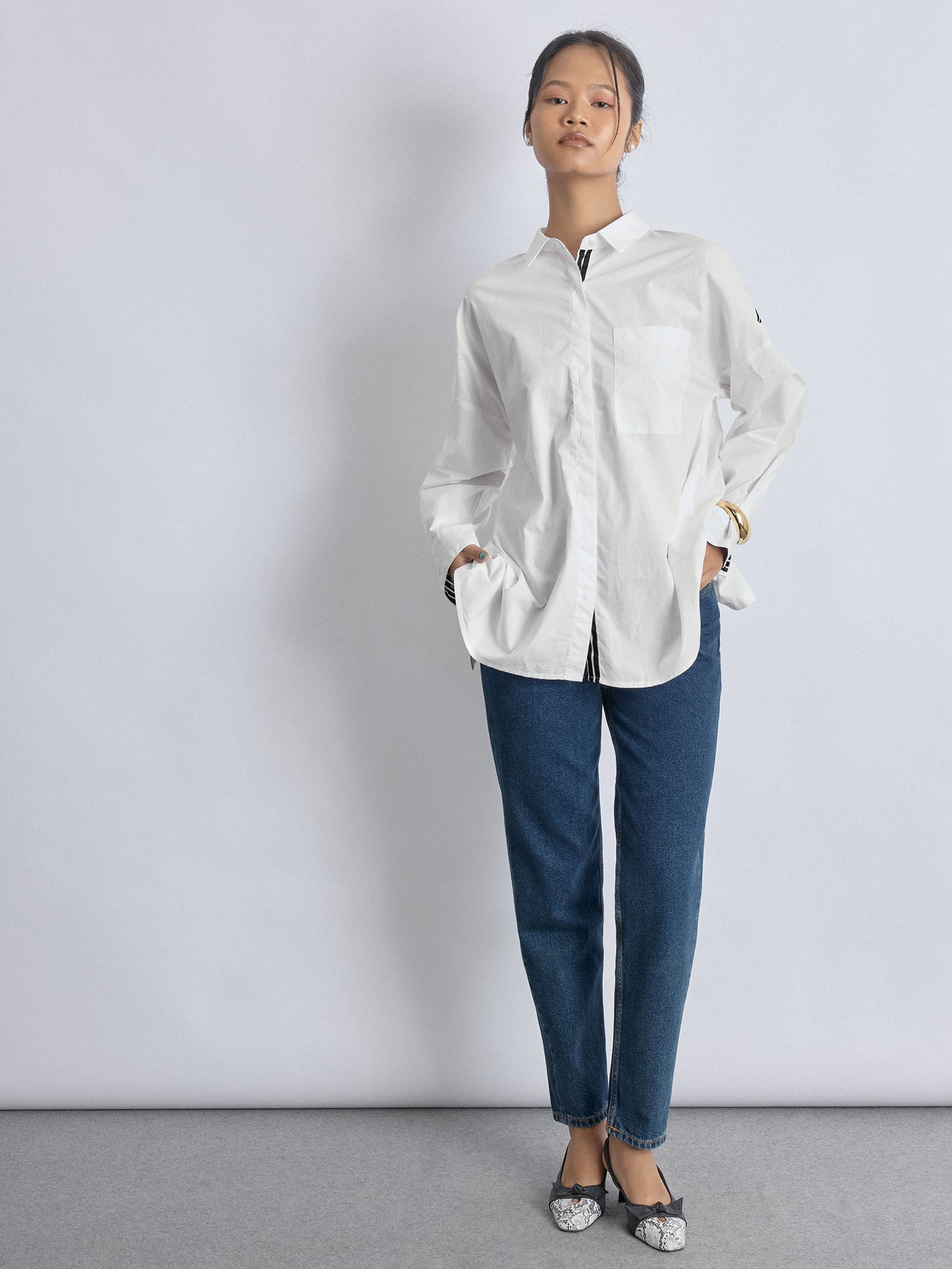 White Striped Overlap Back Shirt