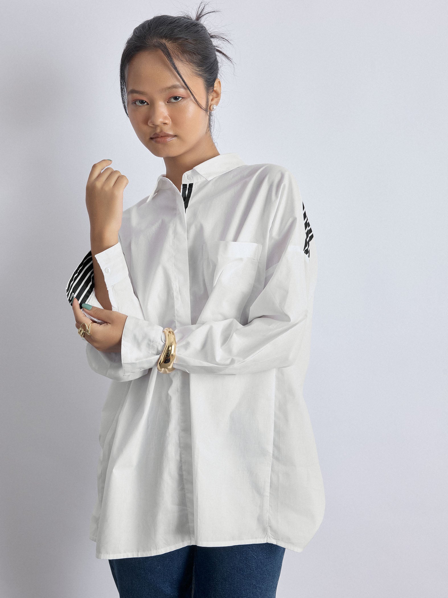White Striped Overlap Back Shirt
