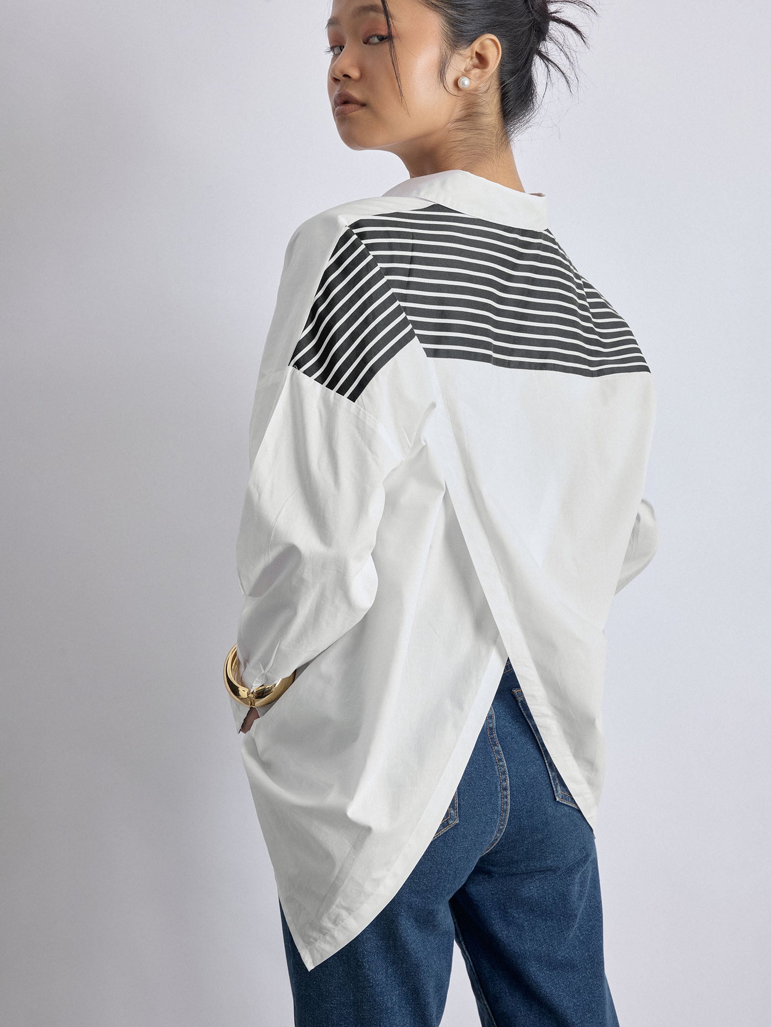 White Striped Overlap Back Shirt
