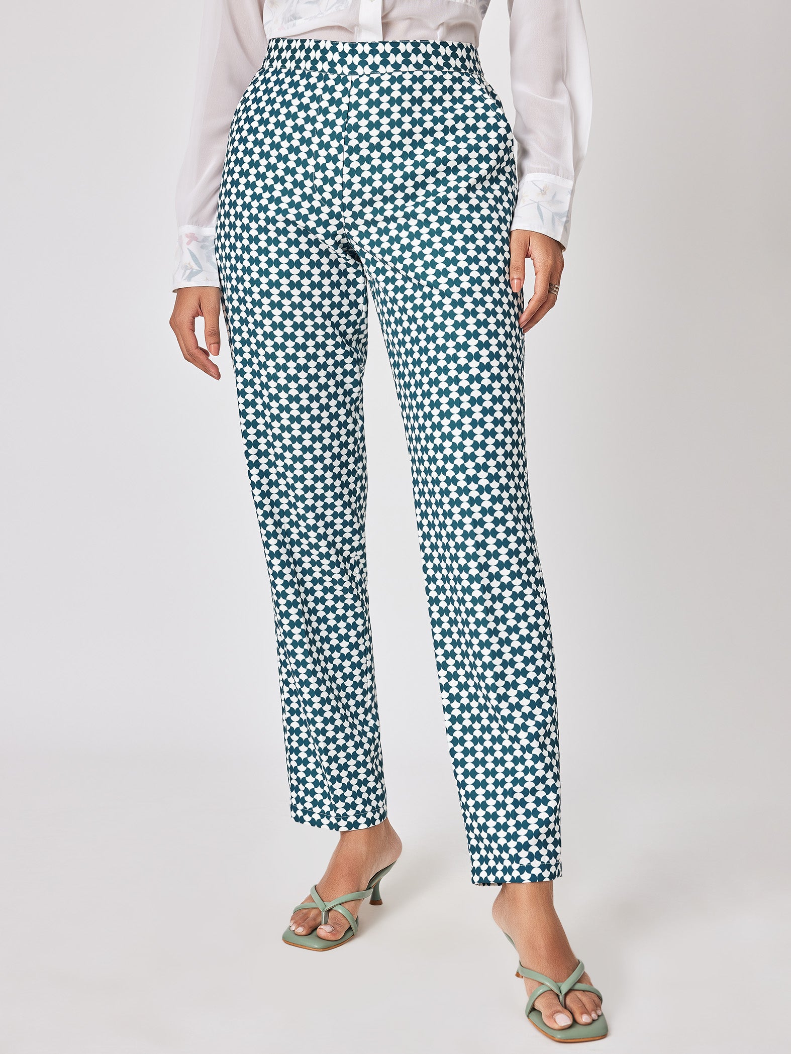 White & Teal Geo Print Trousers