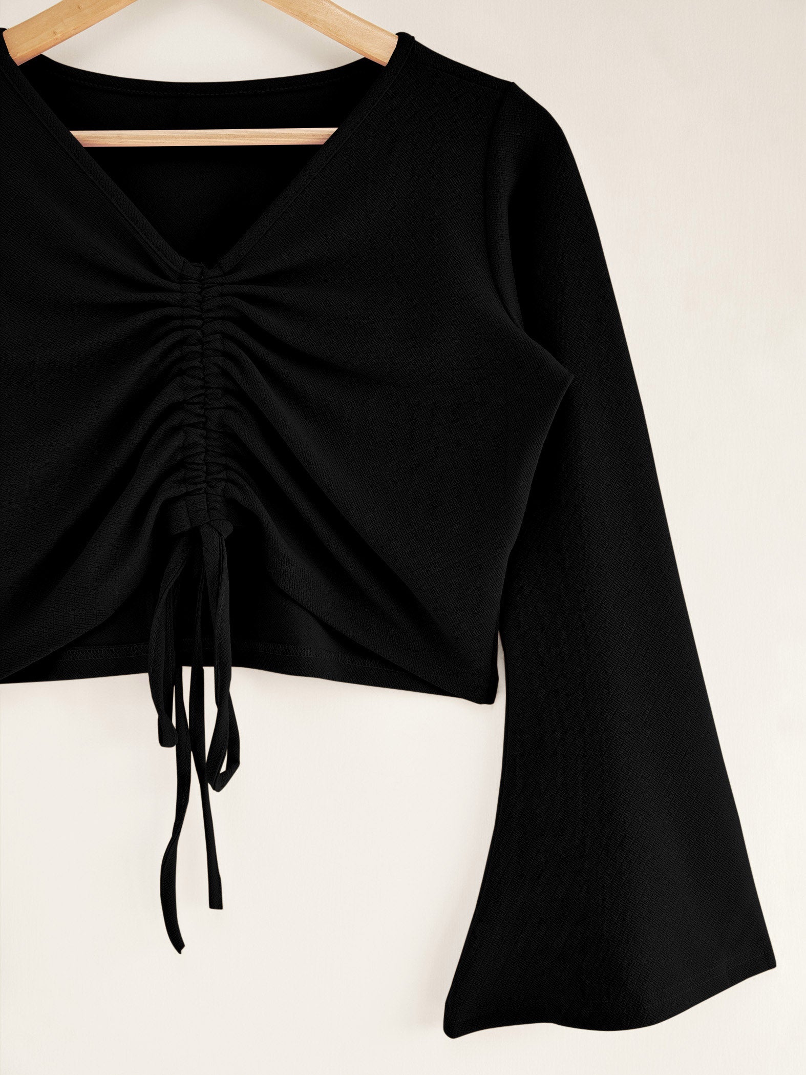 Black Bell Sleeve Front Tie Top
