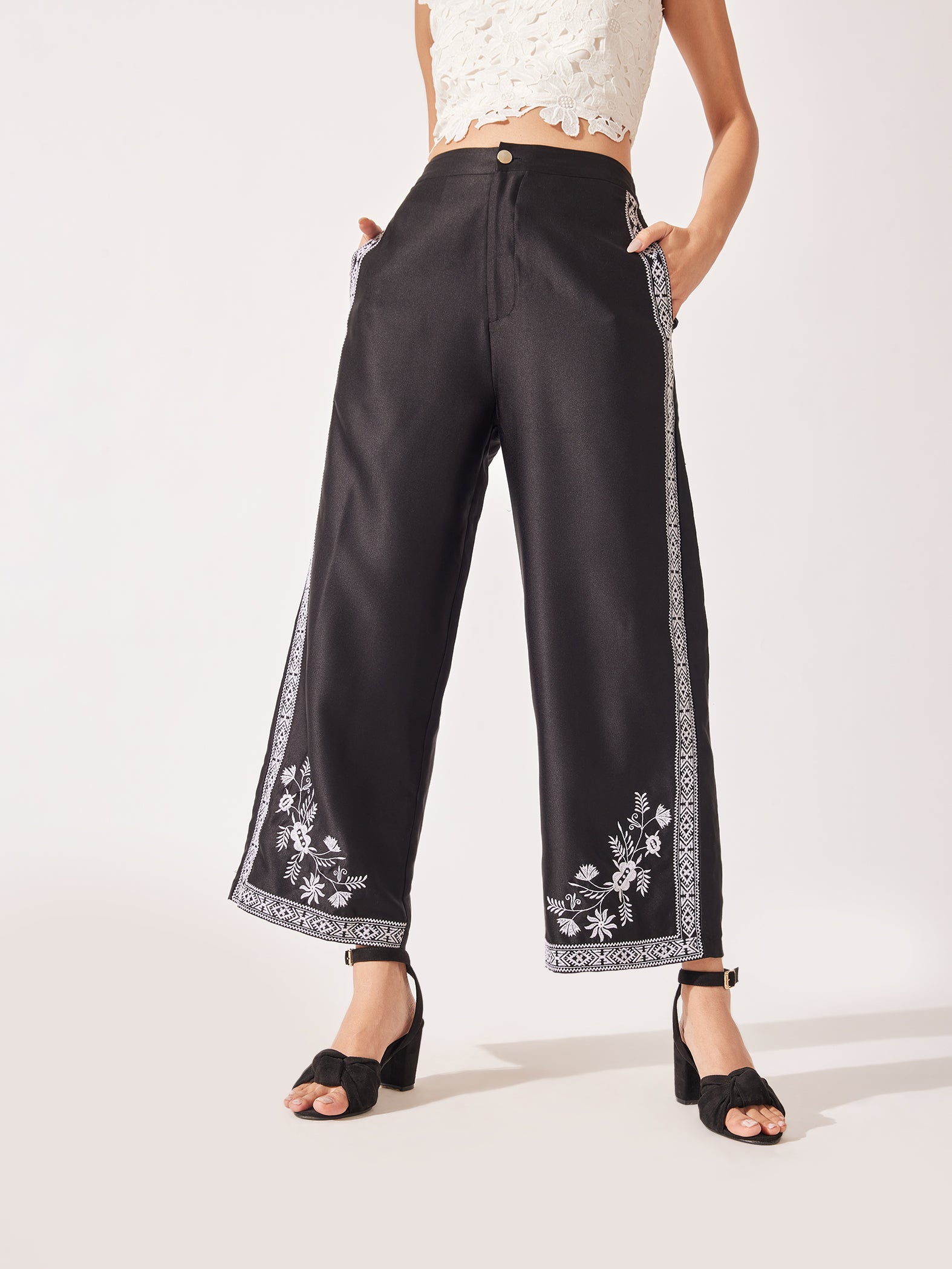 Black Floral Embroidered Pants