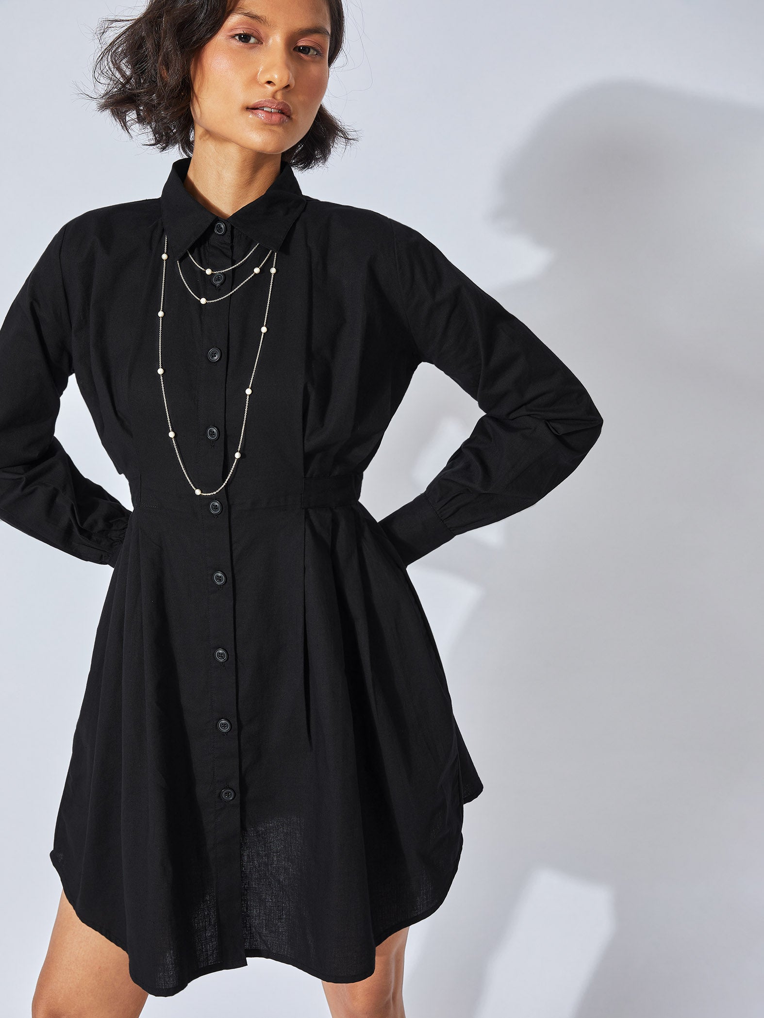Black Pleated Button Down Dress