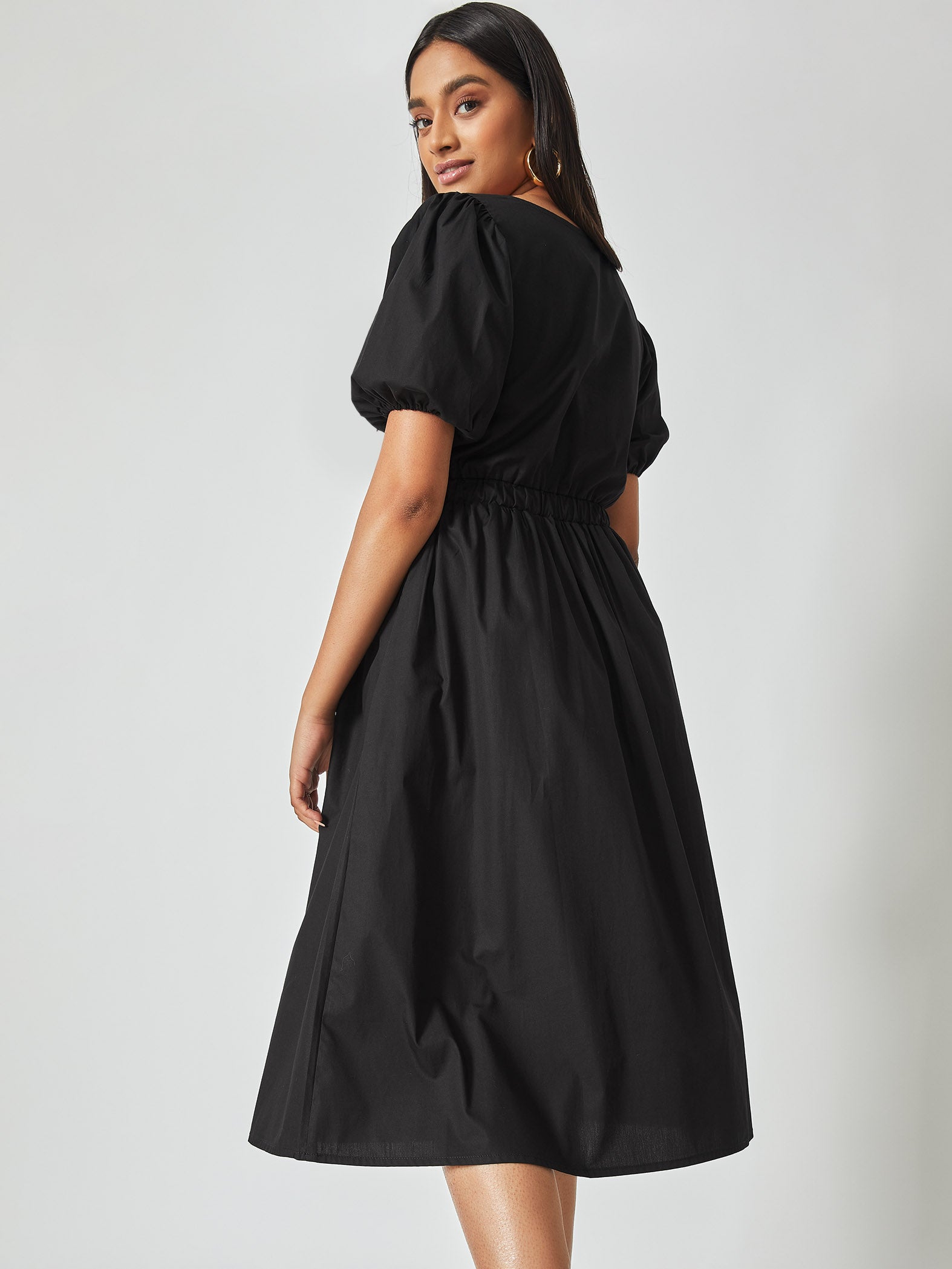 Black Puff Sleeve Cinched Dress