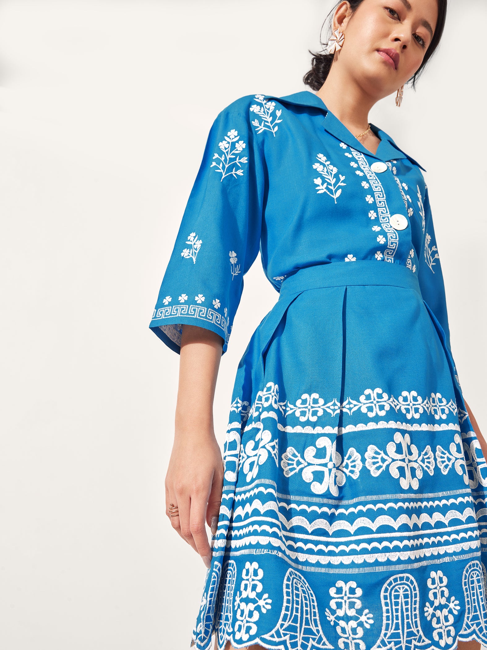 Blue Embroidered Pleated Skirt