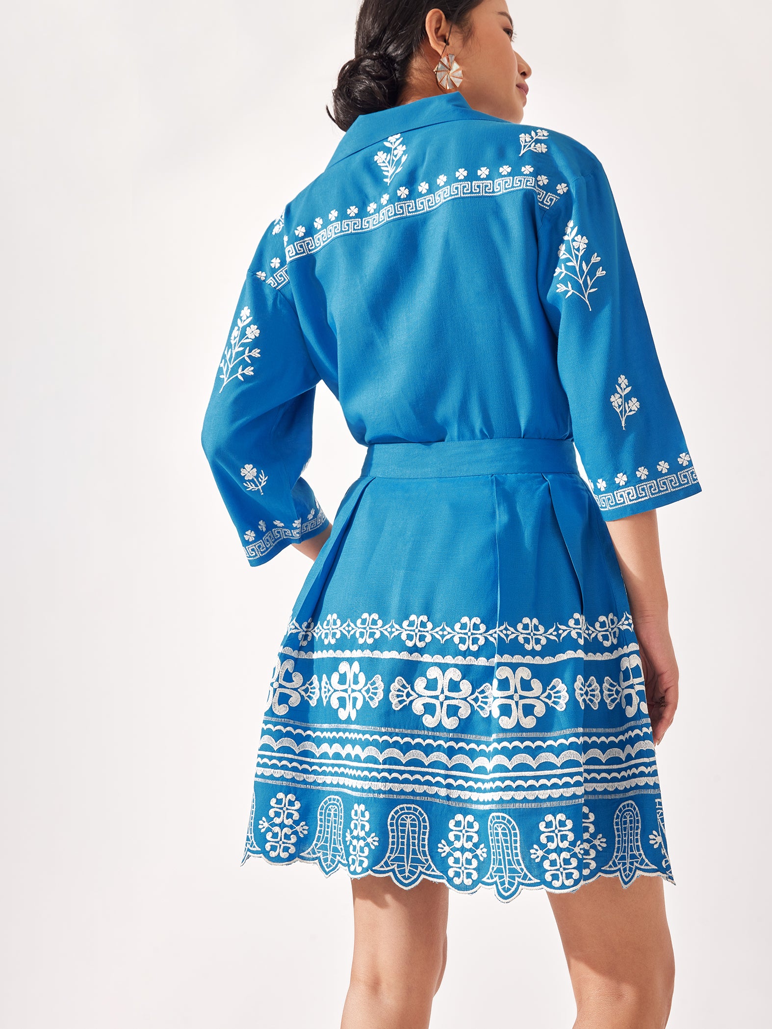 Blue Embroidered Pleated Skirt