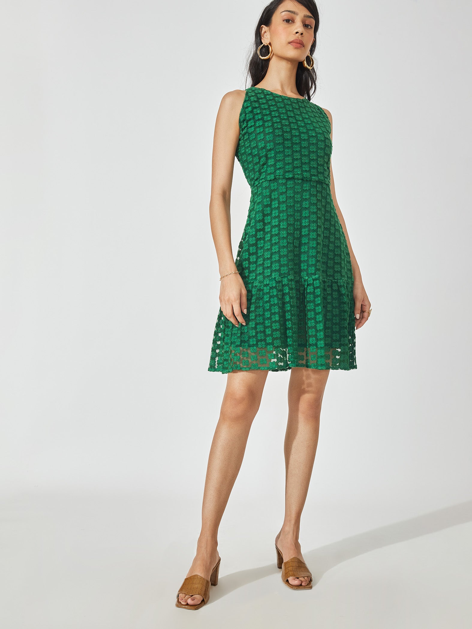 Bottle Green Embroidered Tiered Dress