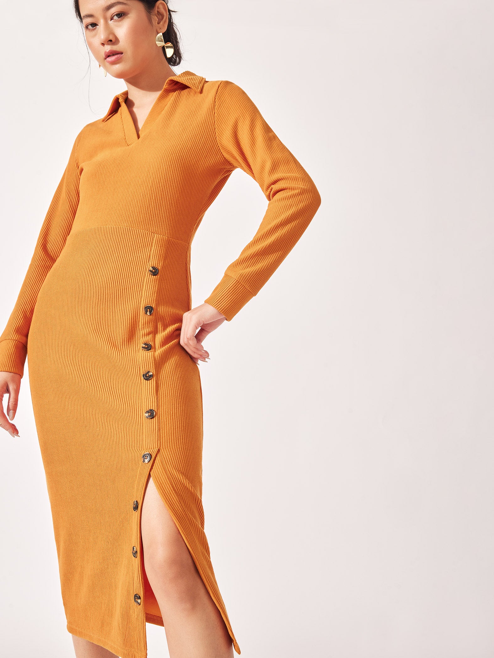 Caramel Buttoned Slit Dress