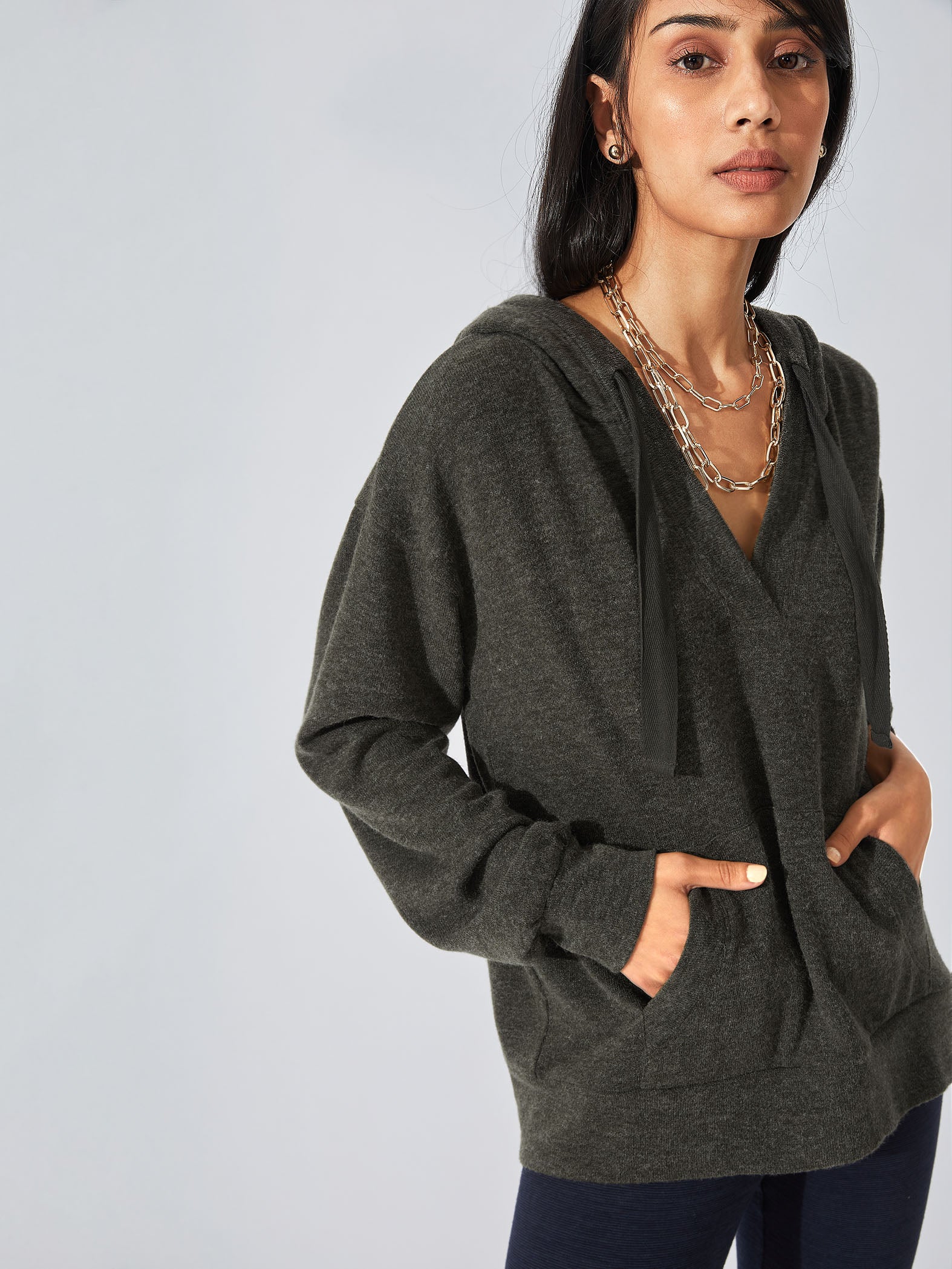 Charcoal Ribbed Knit Oversized Hoodie