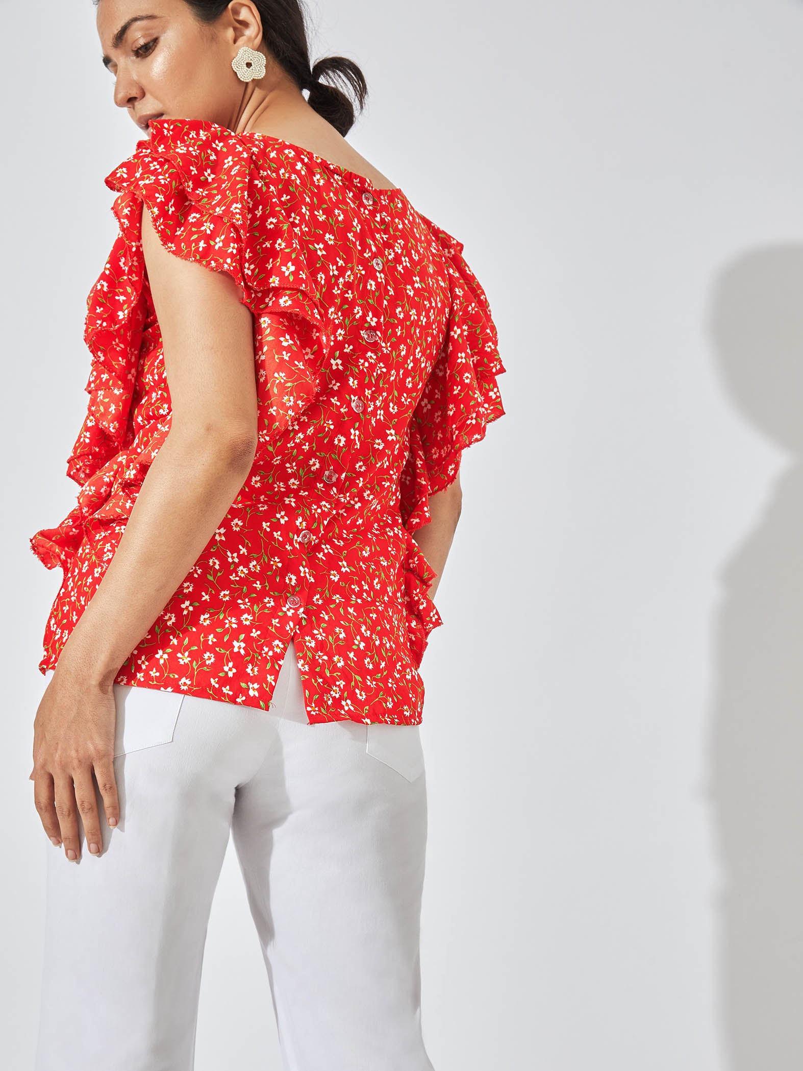 Cherry Floral Ruffle Sleeve Top