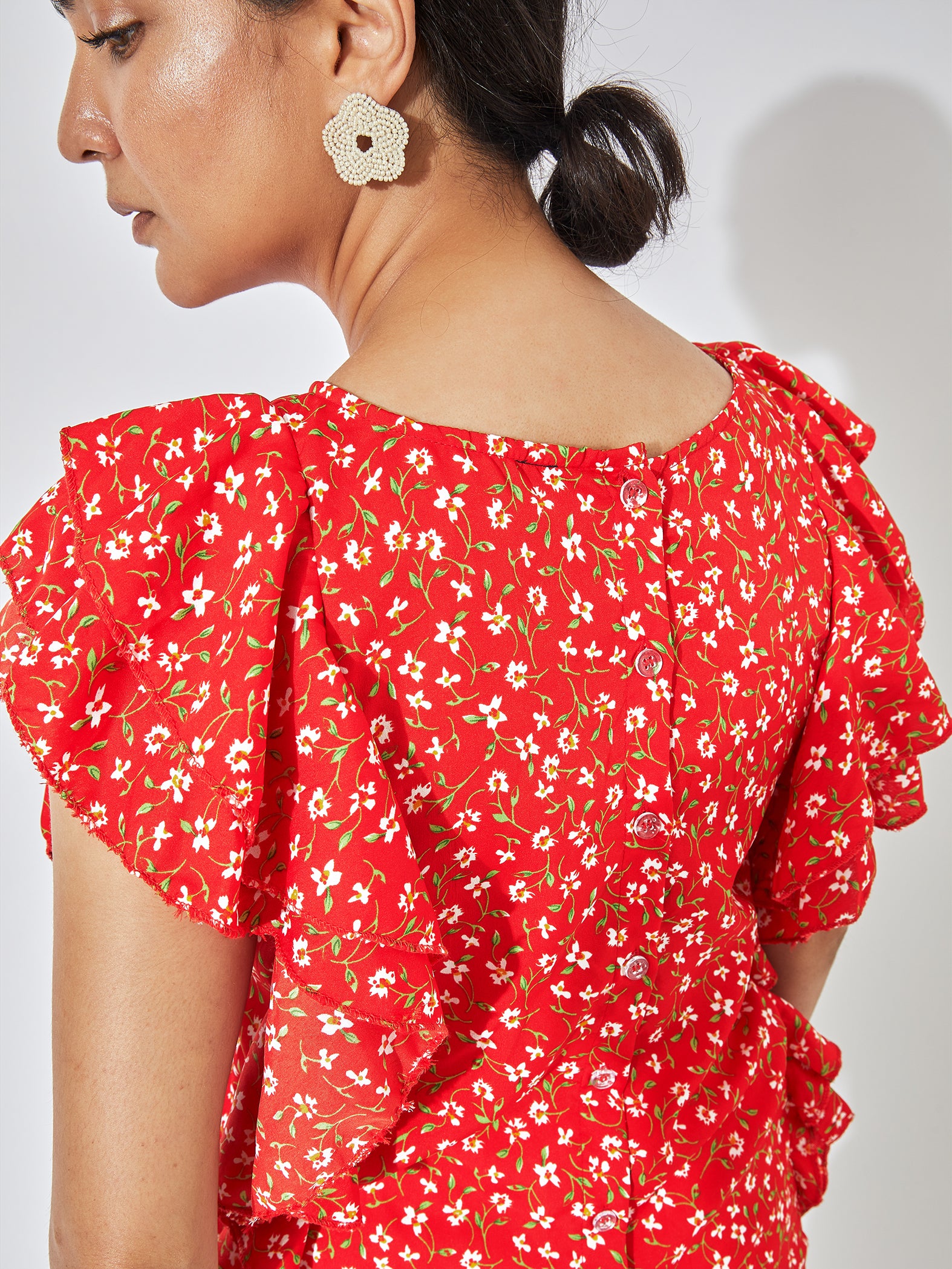 Cherry Floral Ruffle Sleeve Top