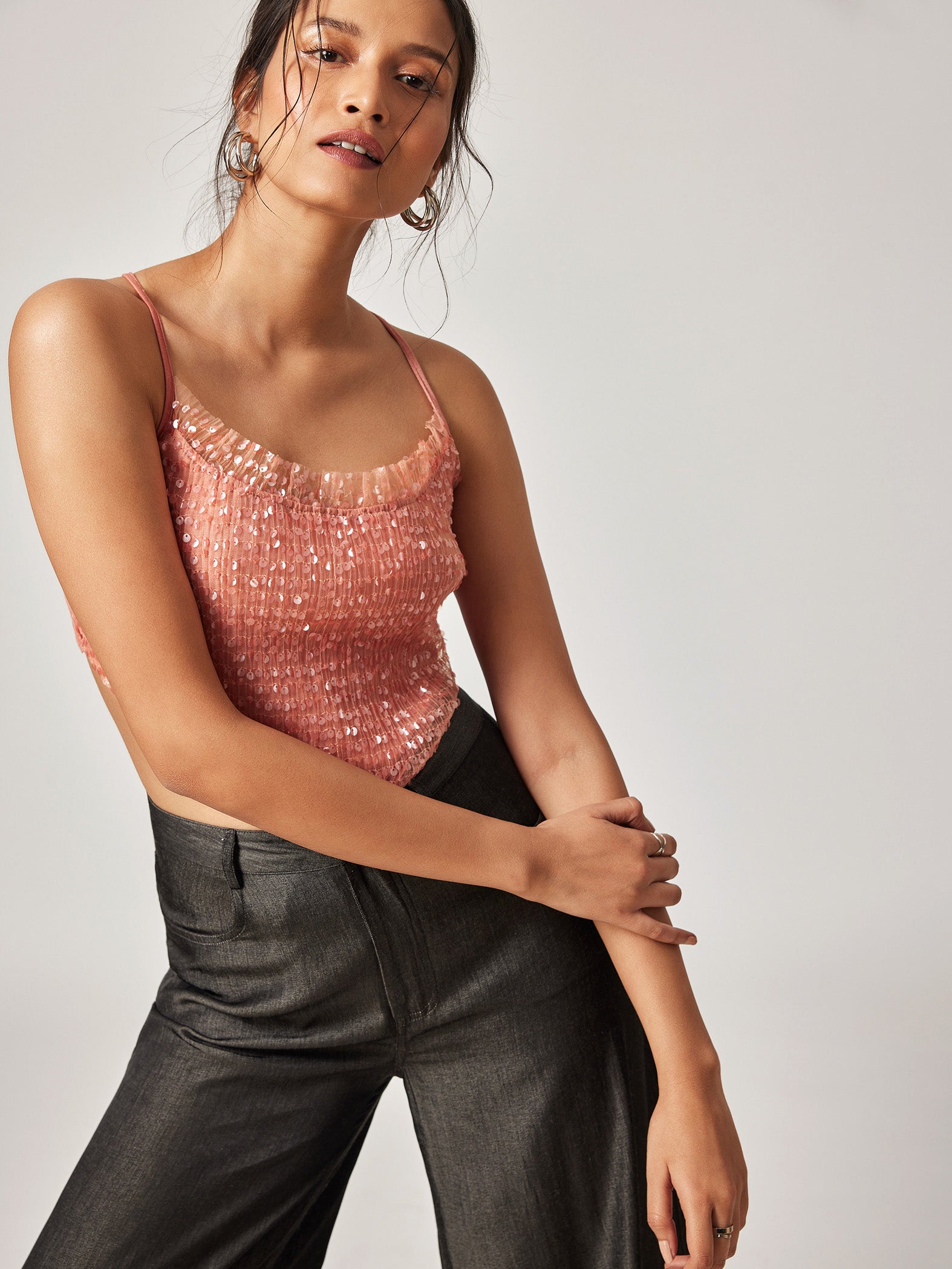 Coral Sequinned Cross Back Top