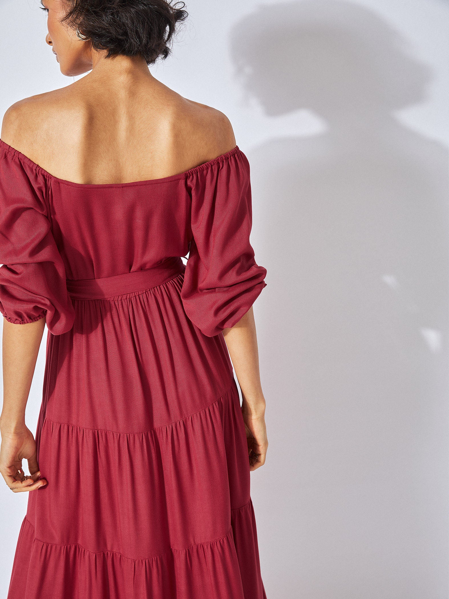 Crimson Tiered Belted Maxi Dress