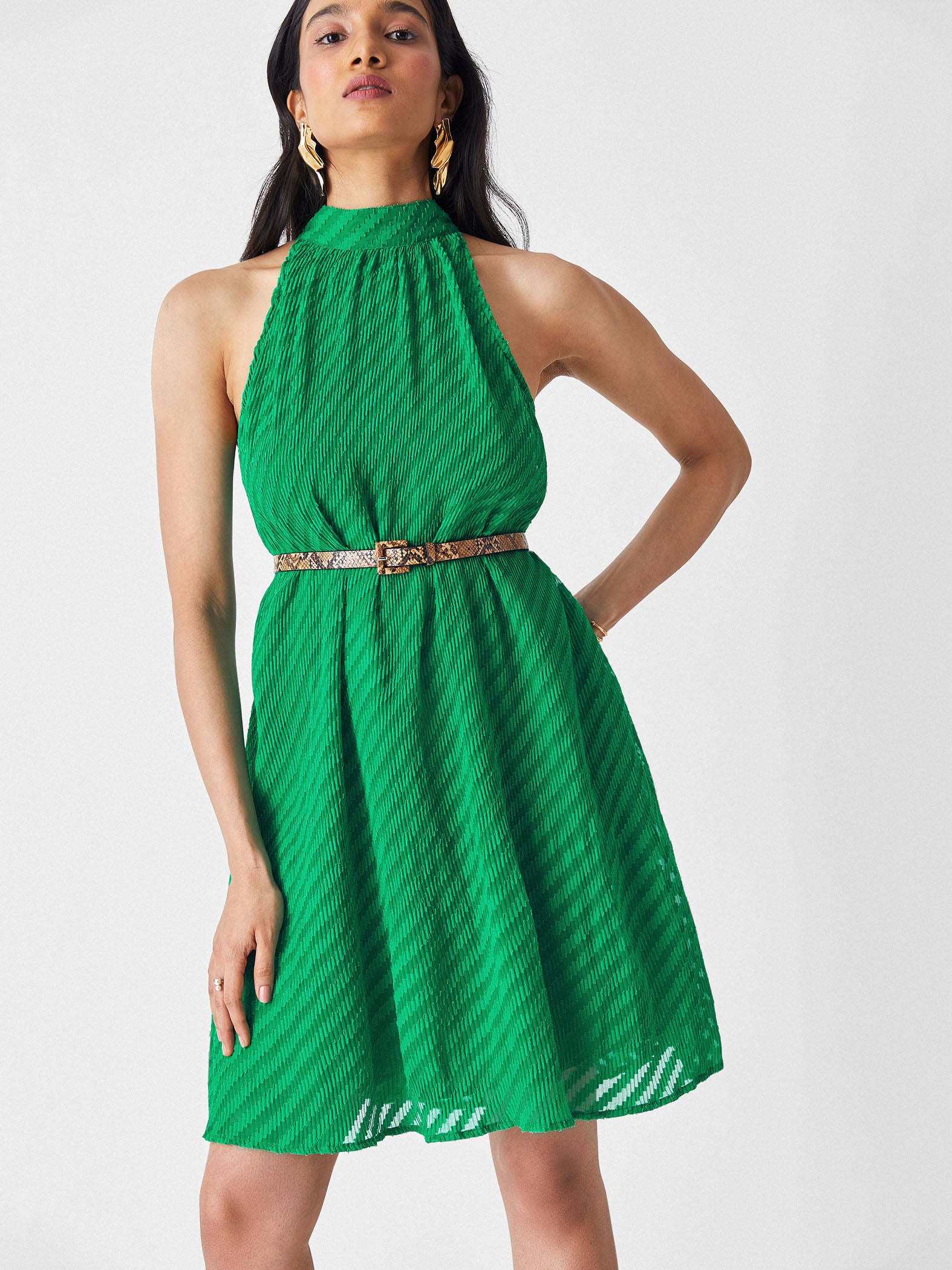 Emerald Sleeveless Pleated Dress