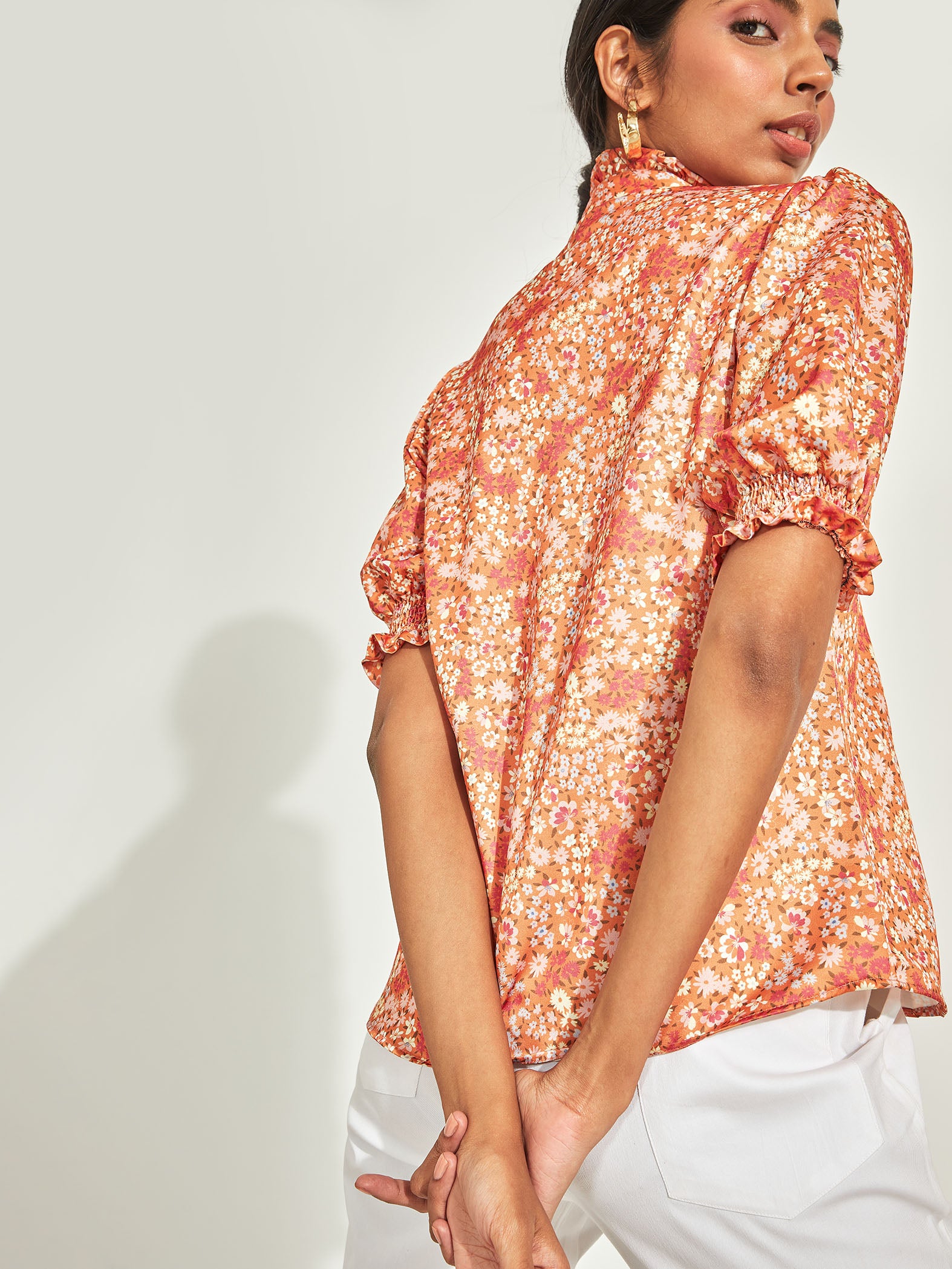 Flame Floral Ruffle Neck Top