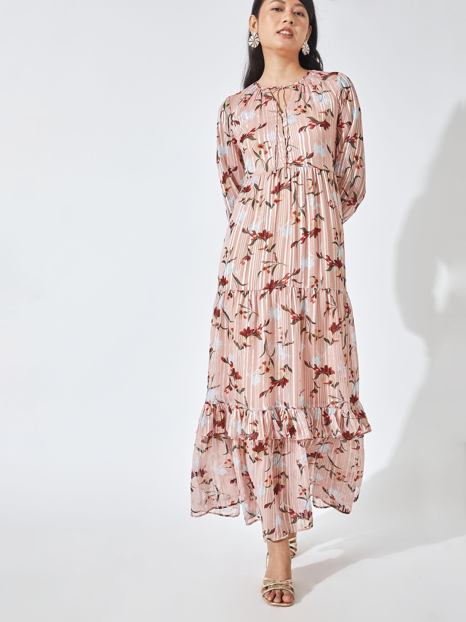 Floral Front-Tie Tiered Dress