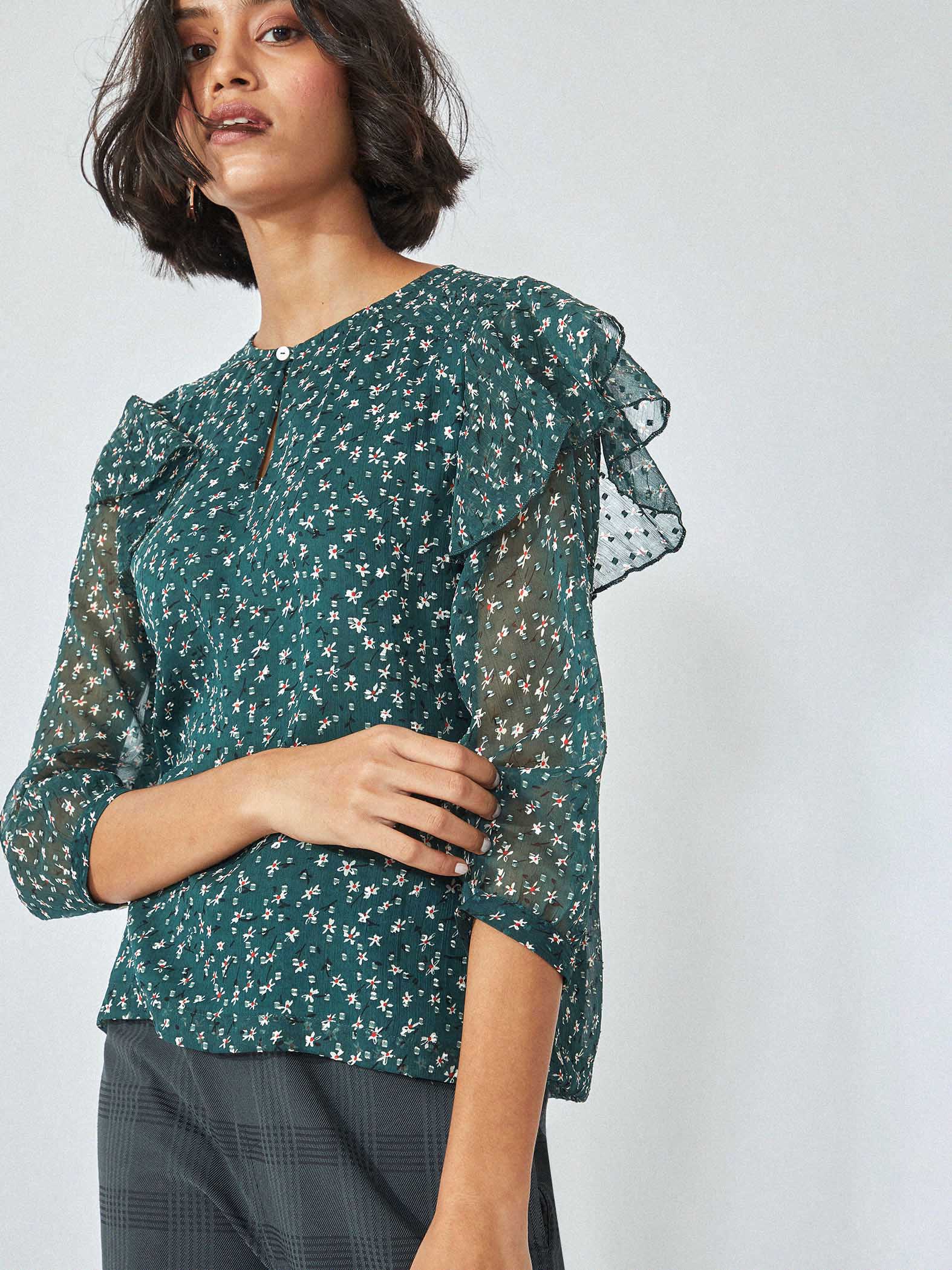 Forest Floral Ruffle Top