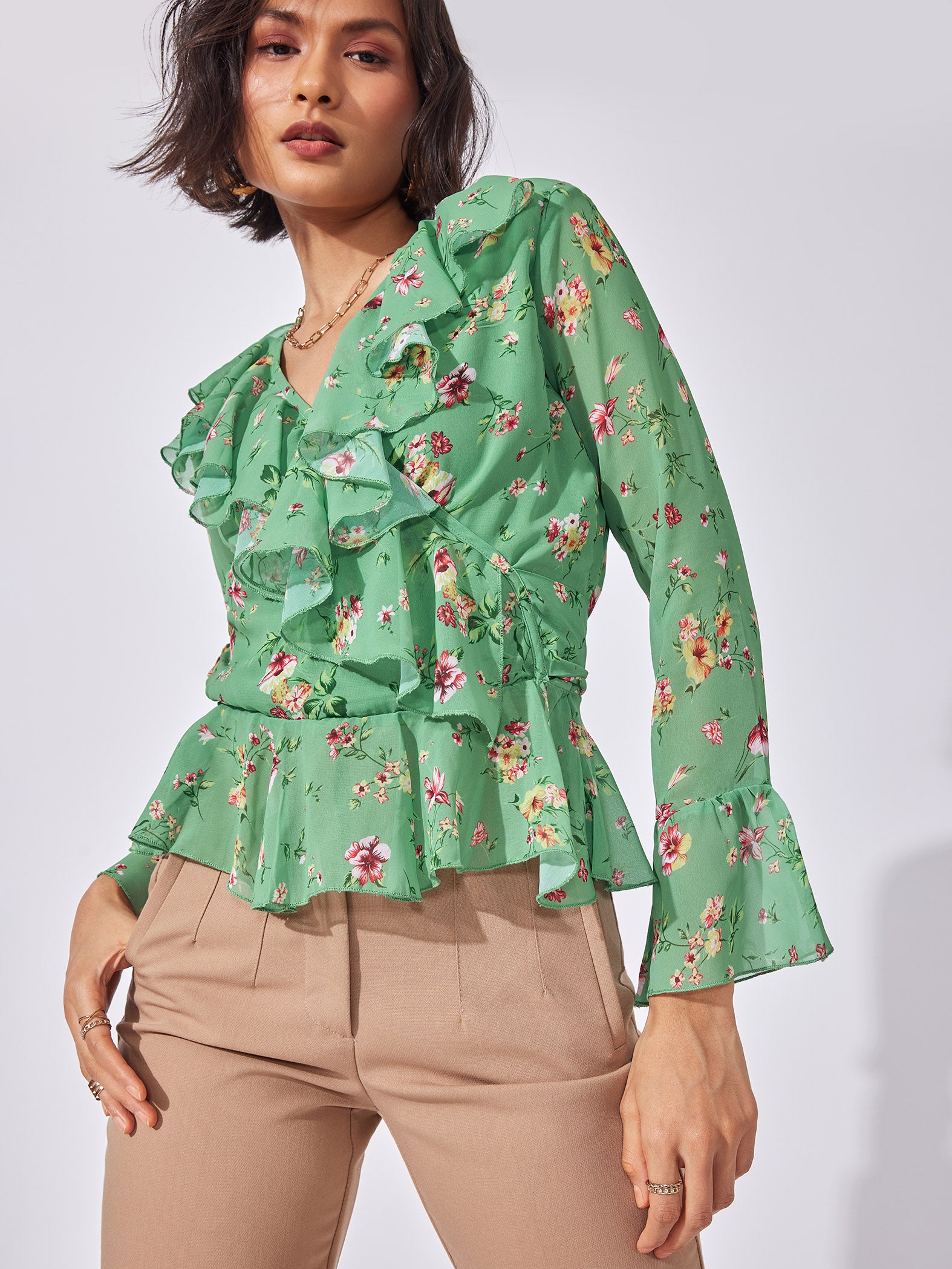 Green Floral Ruffle Neck Top