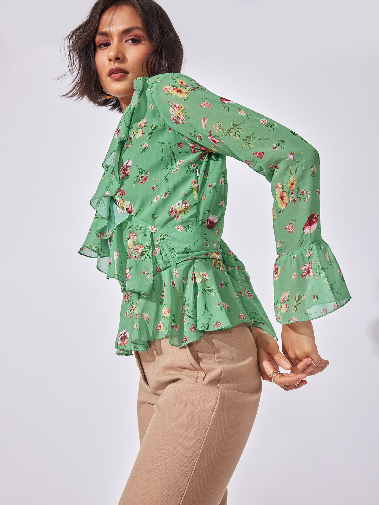 Green Floral Ruffle Neck Top