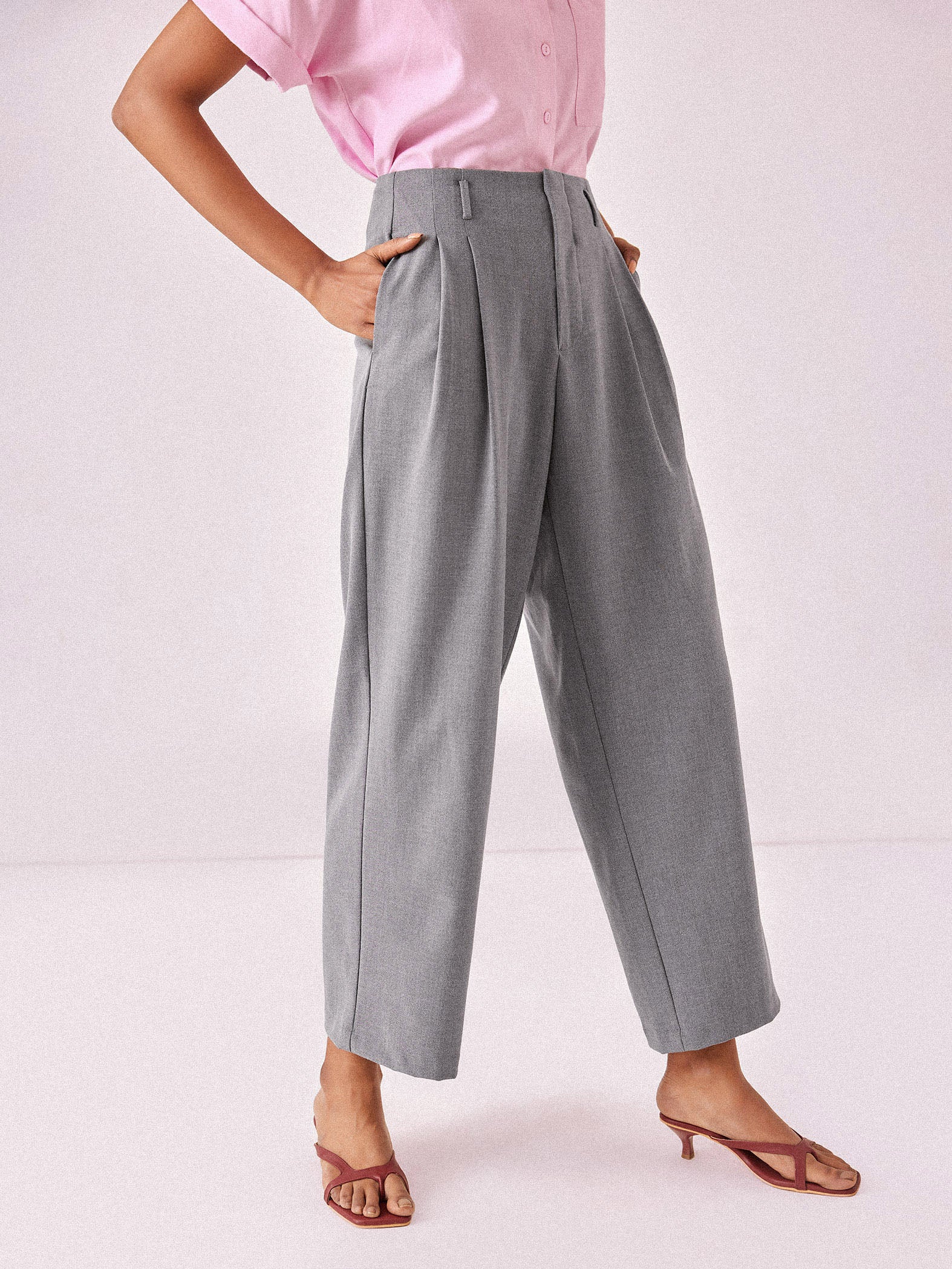 Grey Pleated Flare Trousers