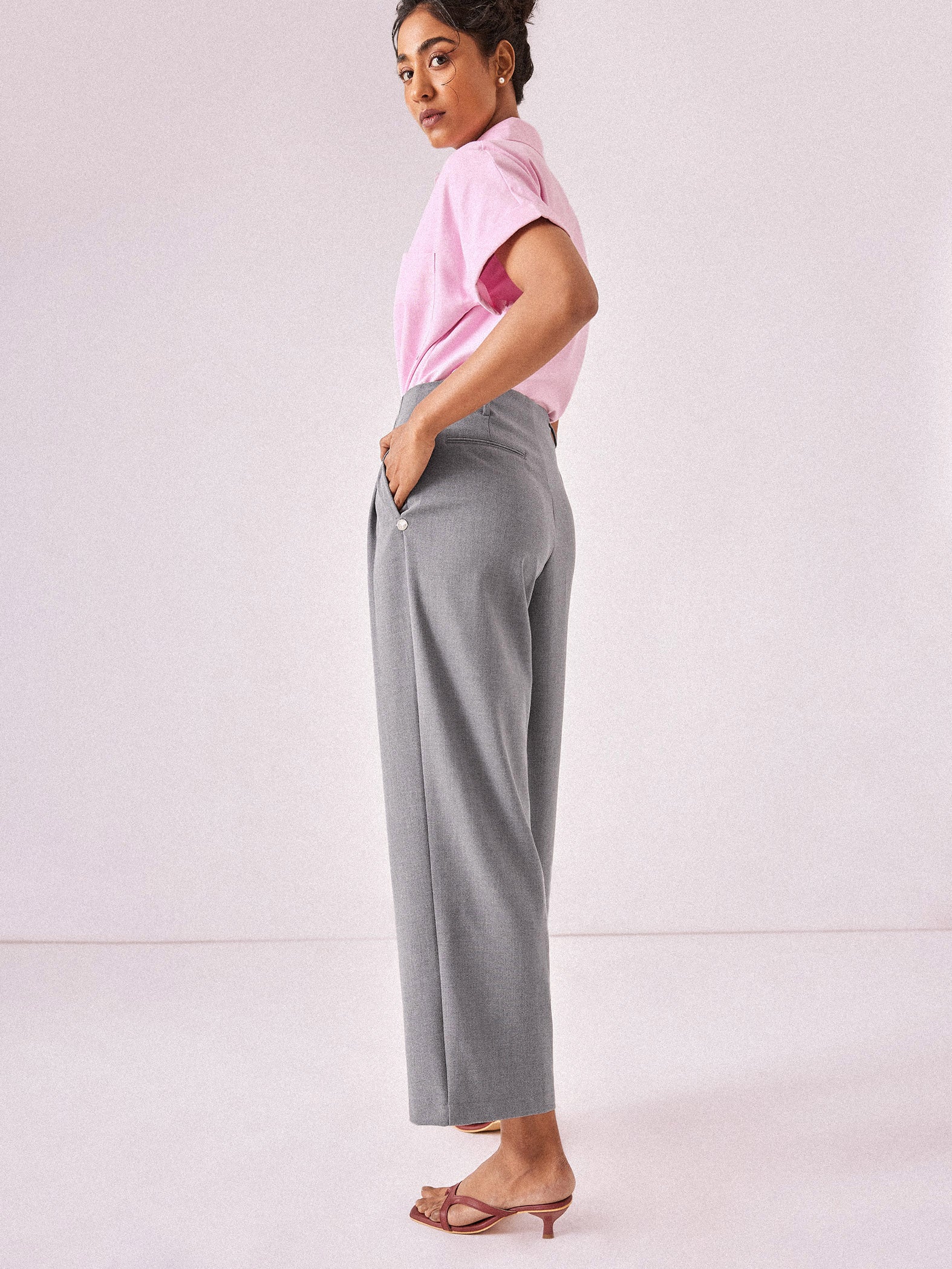 Grey Pleated Flare Trousers