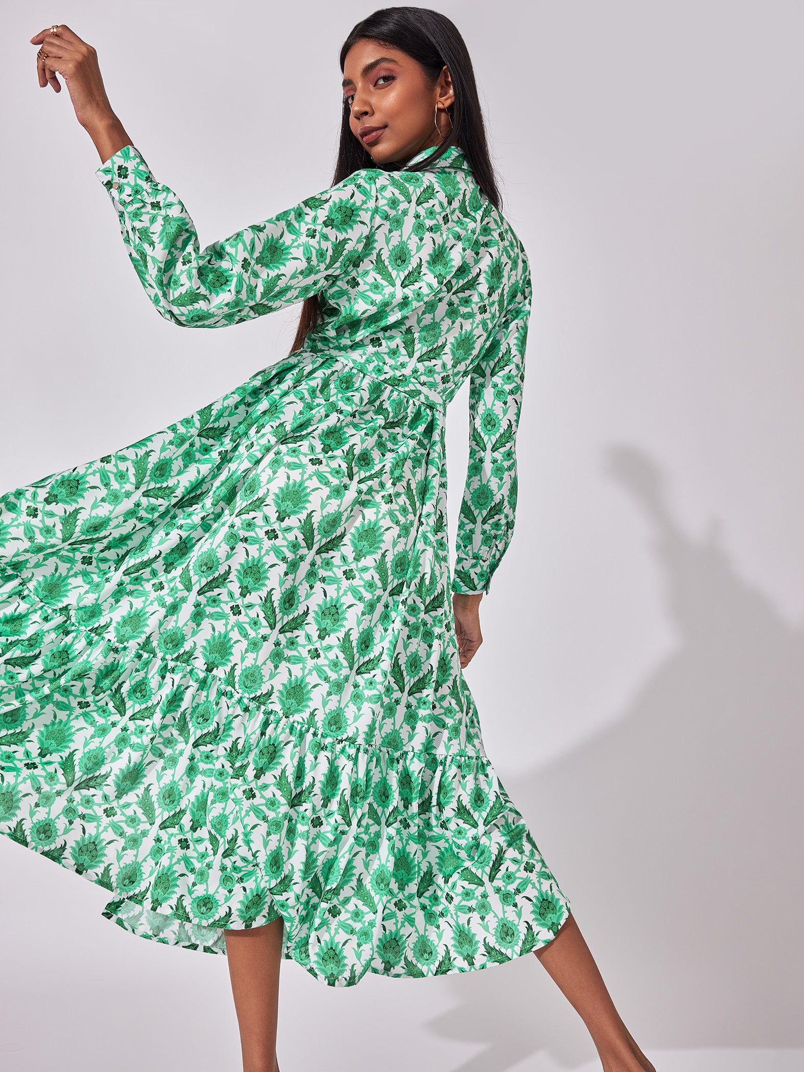 Leaf Print Tiered Midi Dress