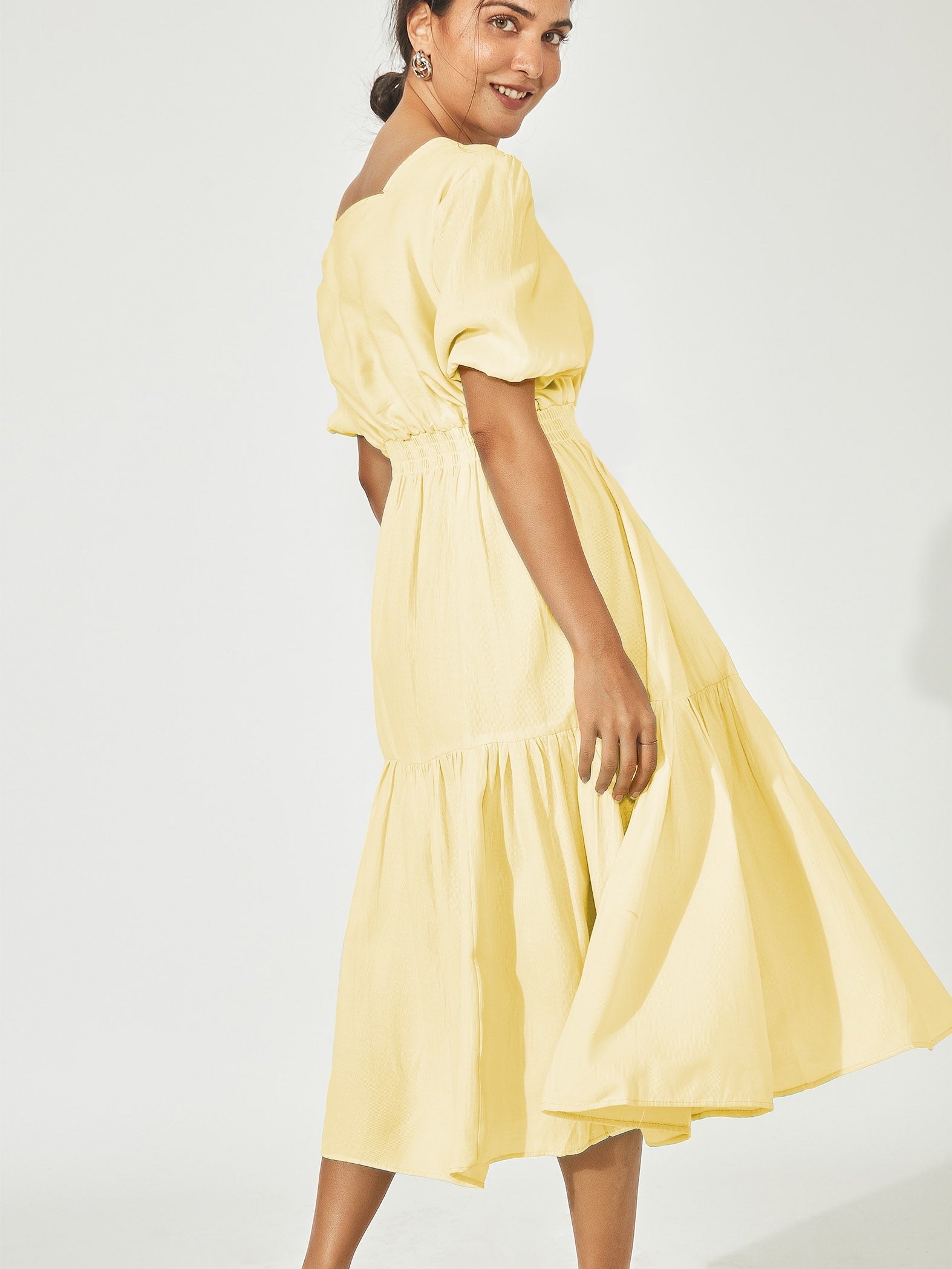 Lemon Puff Sleeve Tiered Dress