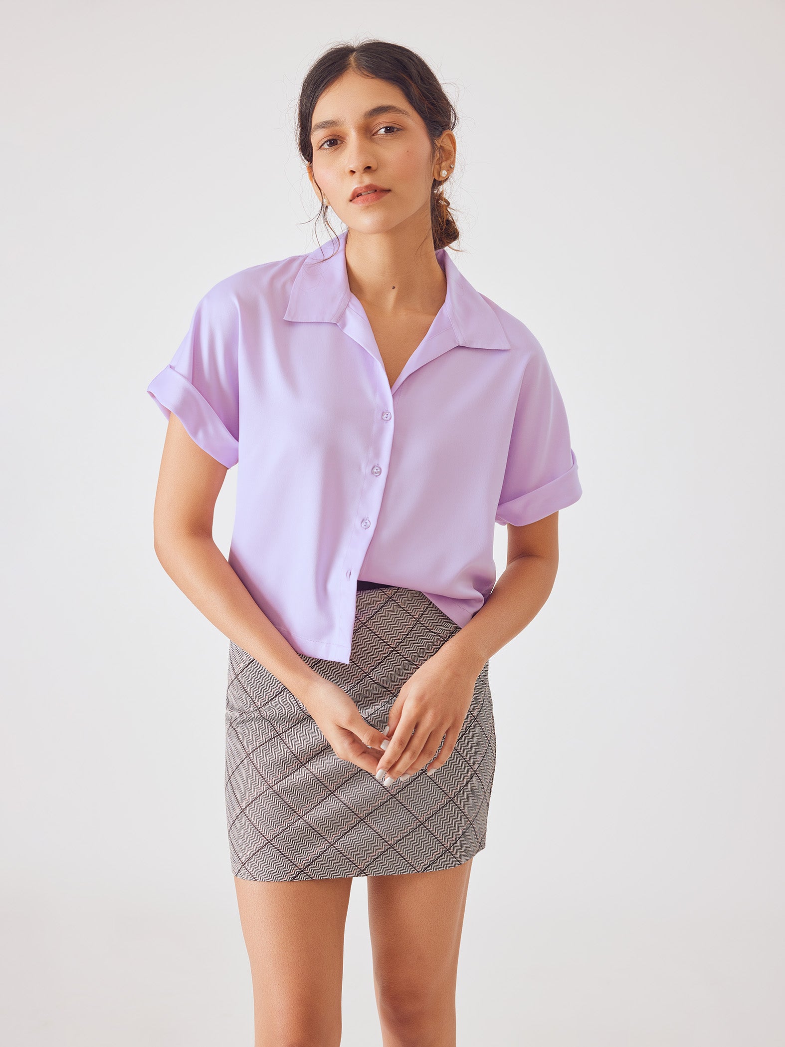 Lilac Satin Lapel Collar Shirt