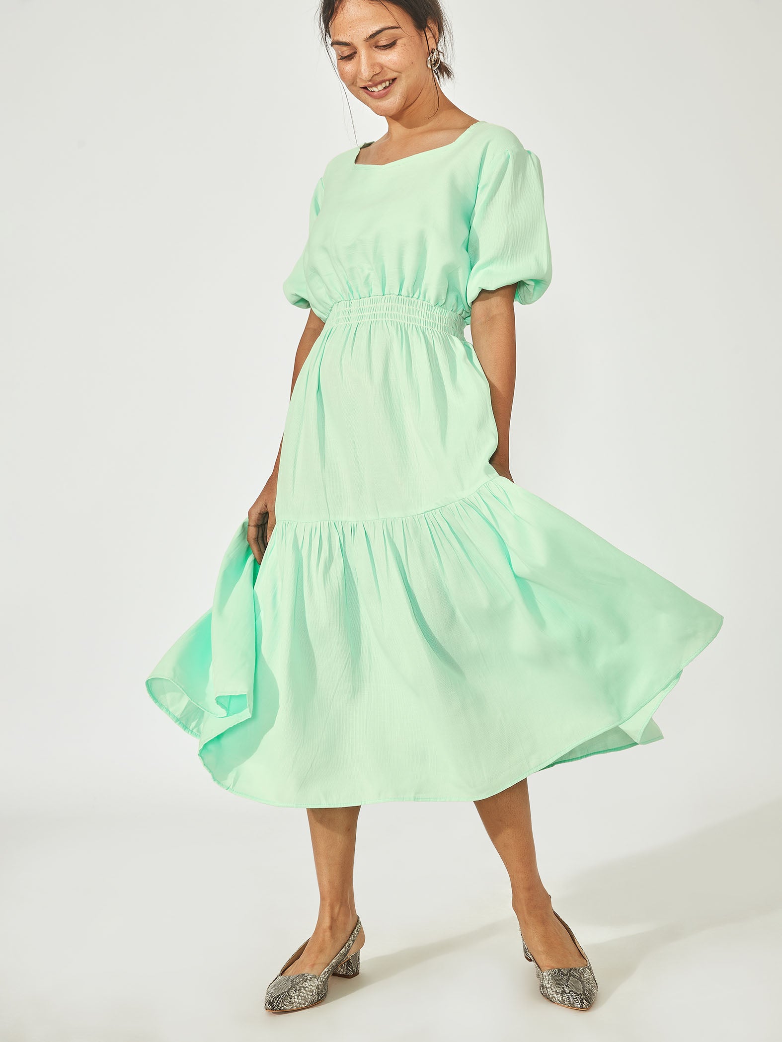 Mint Puff Sleeve Tiered Dress