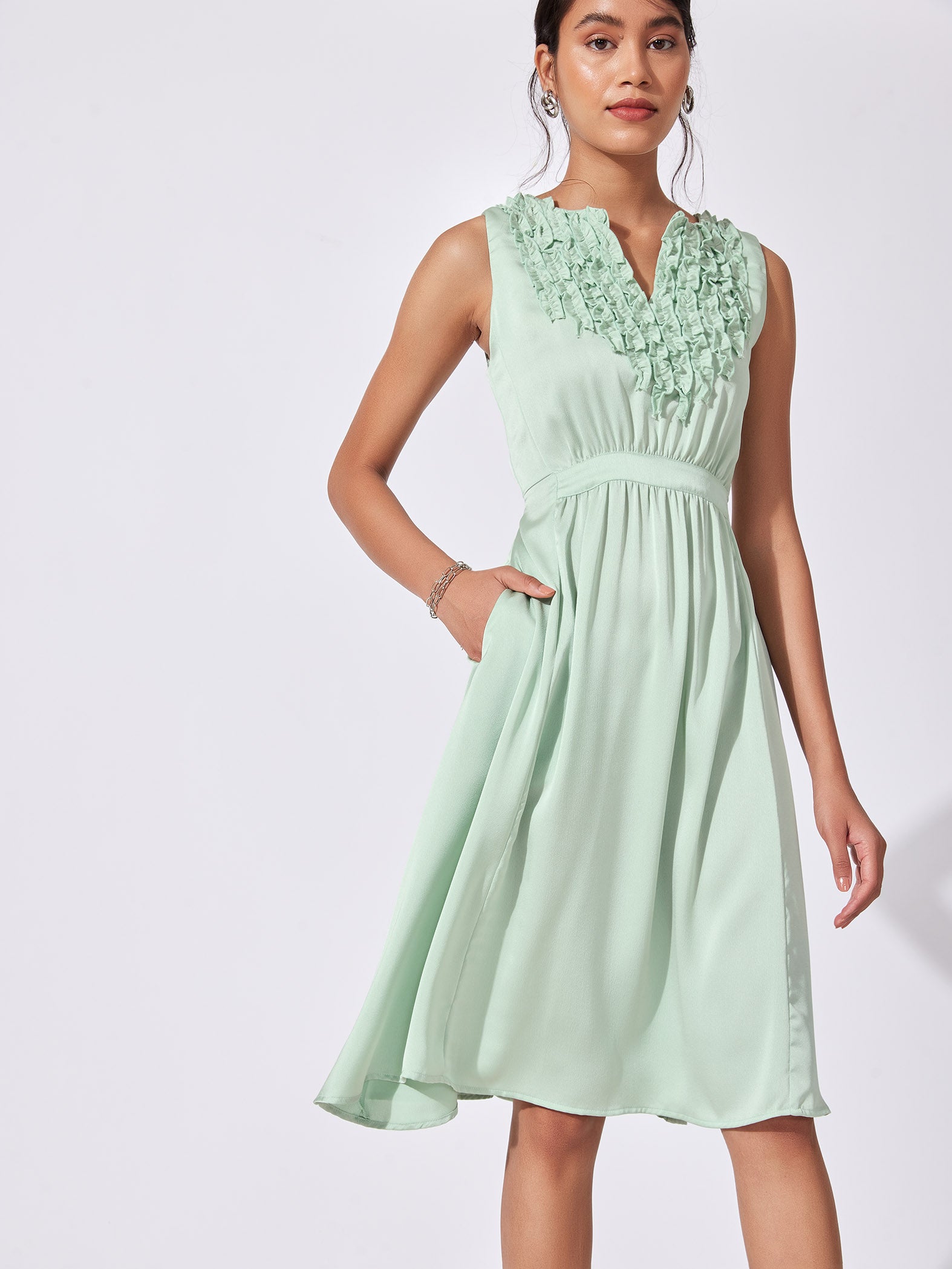 Mint Sleeveless Ruffled Dress