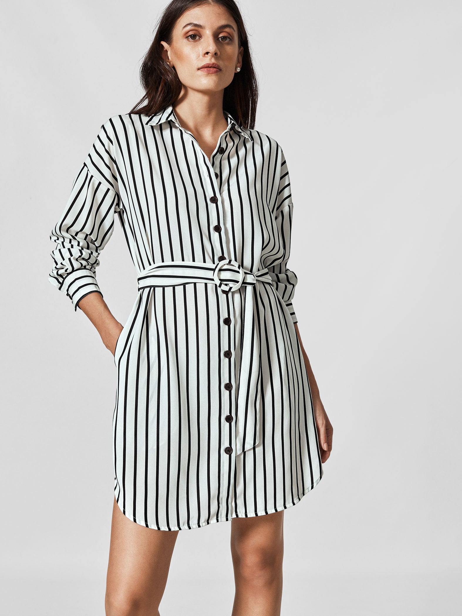 Monochrome Stripe Belted Shirt Dress