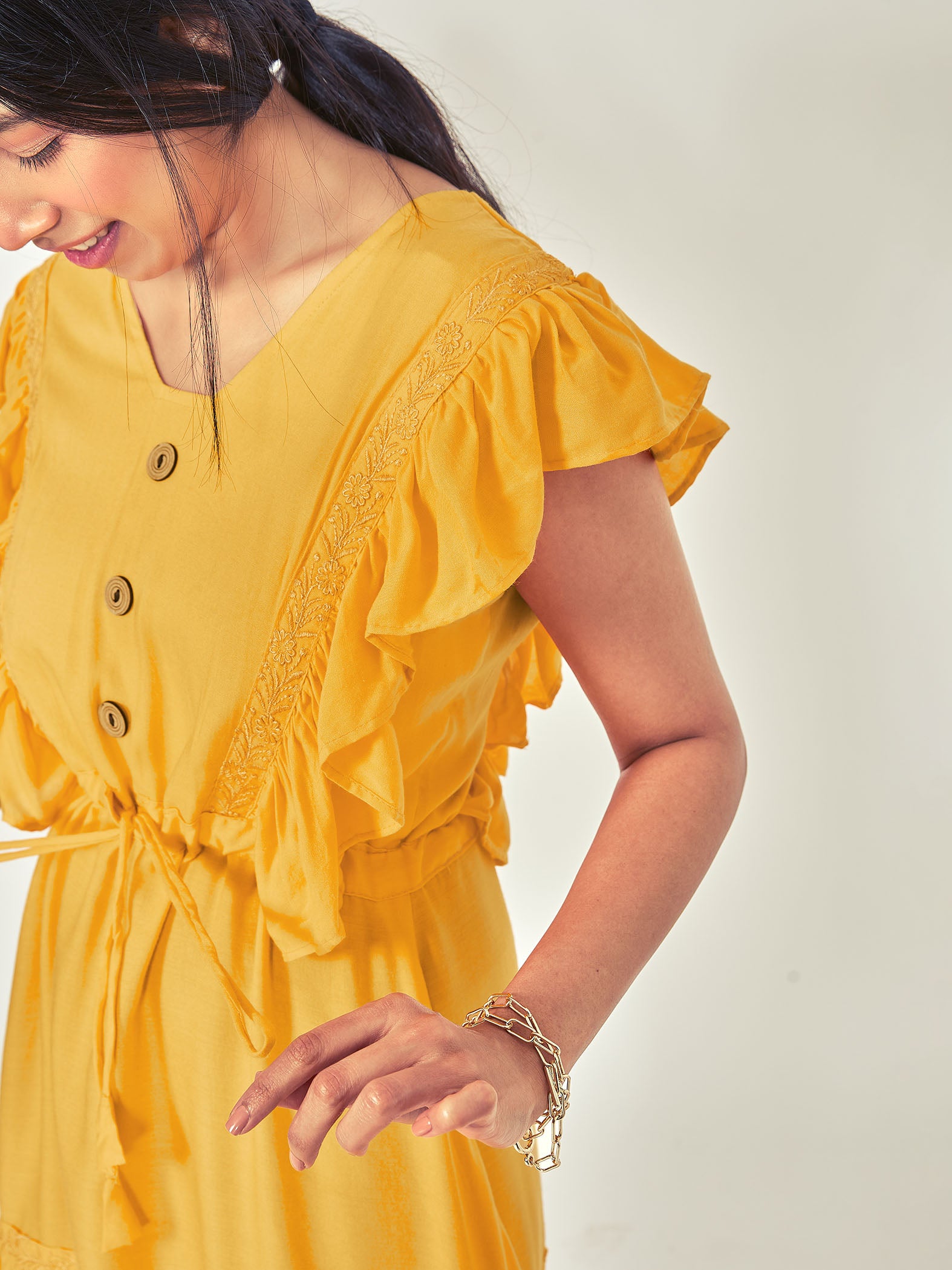 mustard ruffle sleeve tiered dress