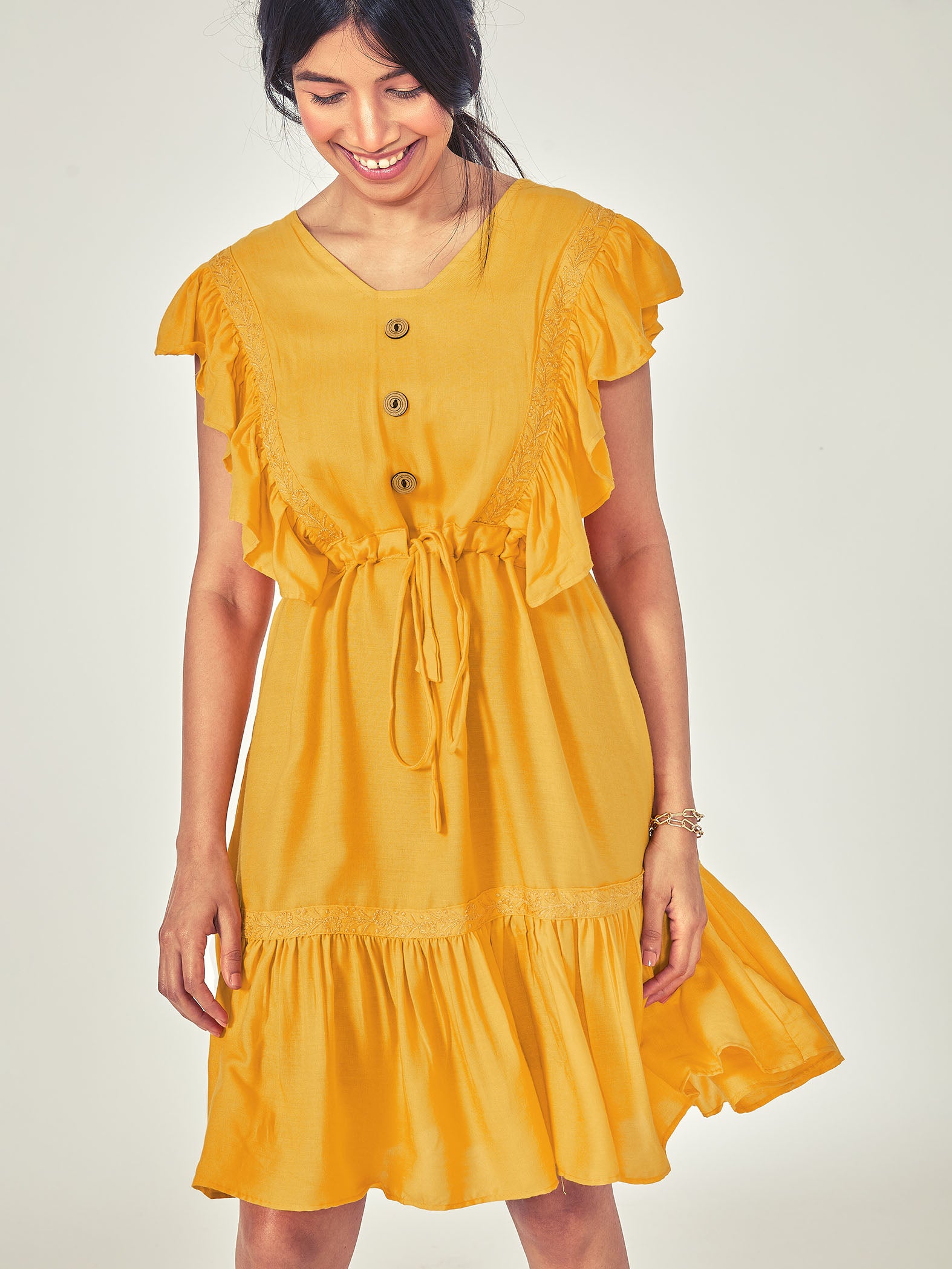 mustard ruffle sleeve tiered dress