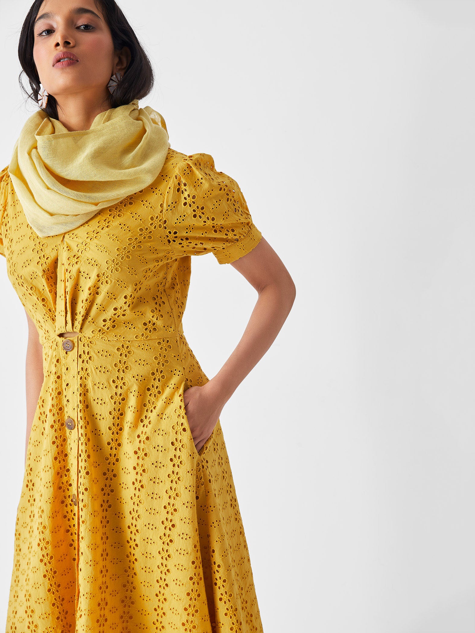 Mustard Schiffli Overlap Midi Dress