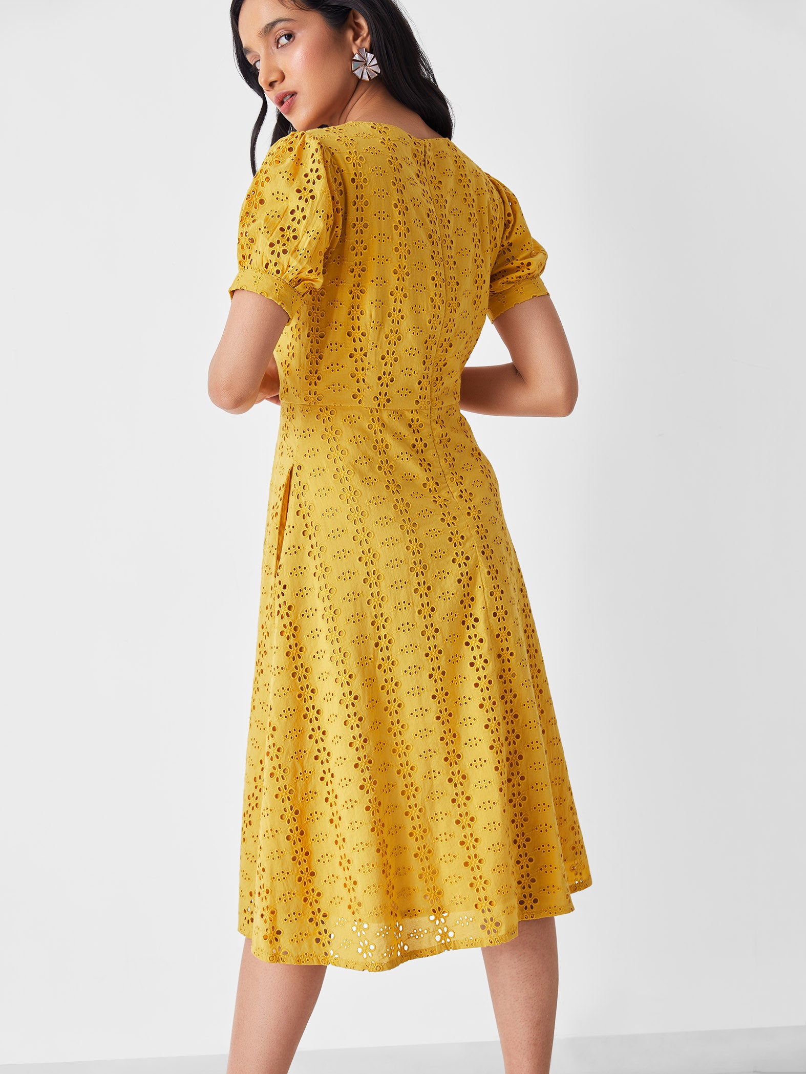 Mustard Schiffli Overlap Midi Dress