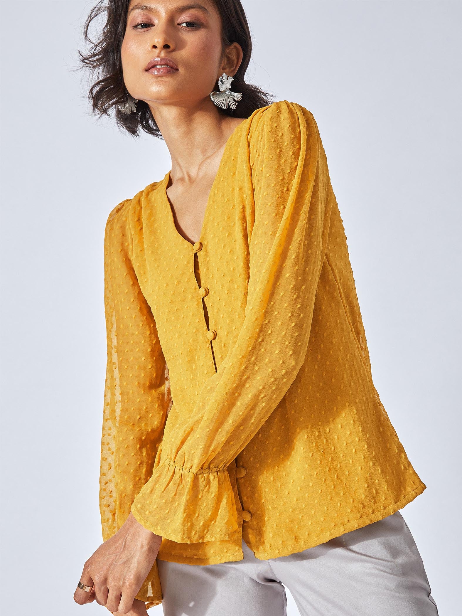 Mustard Dotted Button Down Top