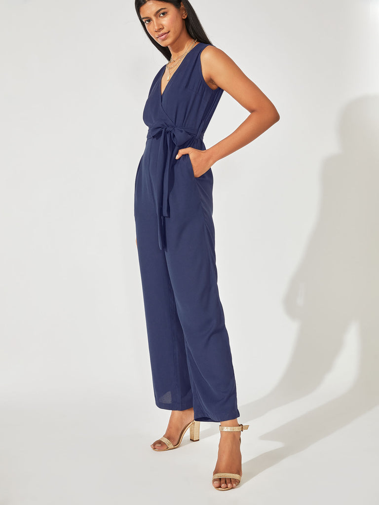 Navy Belted Wrap Jumpsuit