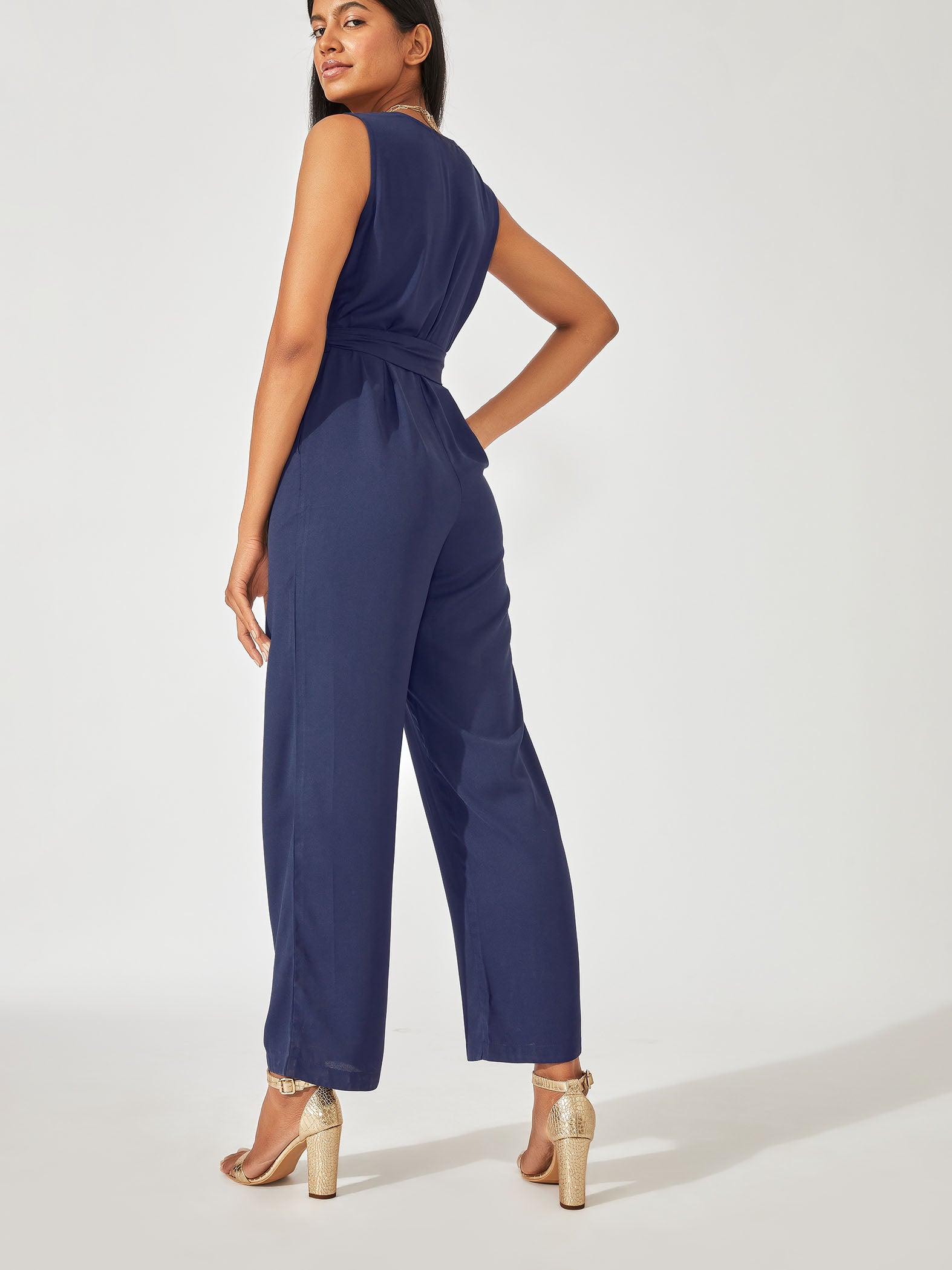 Navy Belted Wrap Jumpsuit