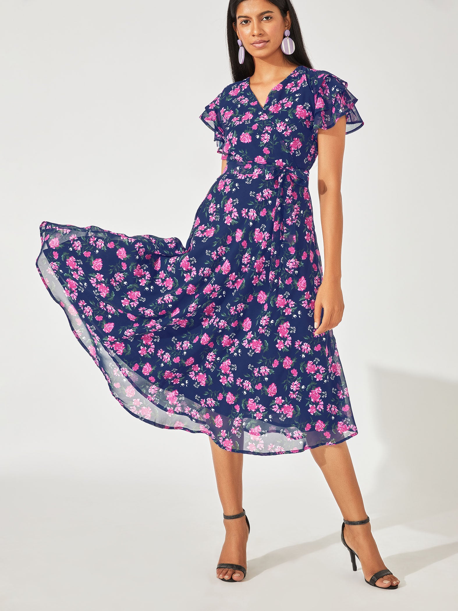 Navy Floral Belted Ruffle Dress