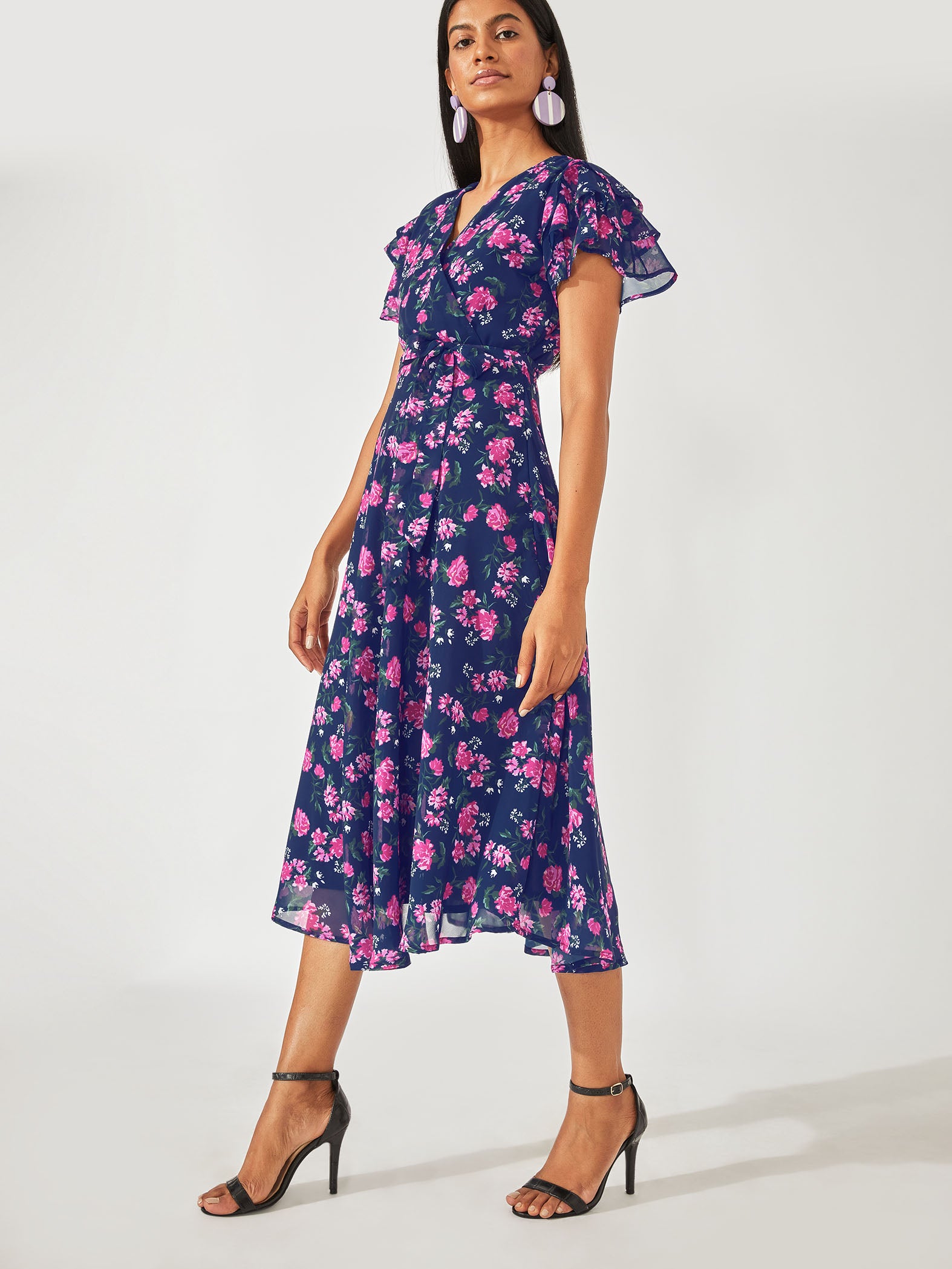Navy Floral Belted Ruffle Dress