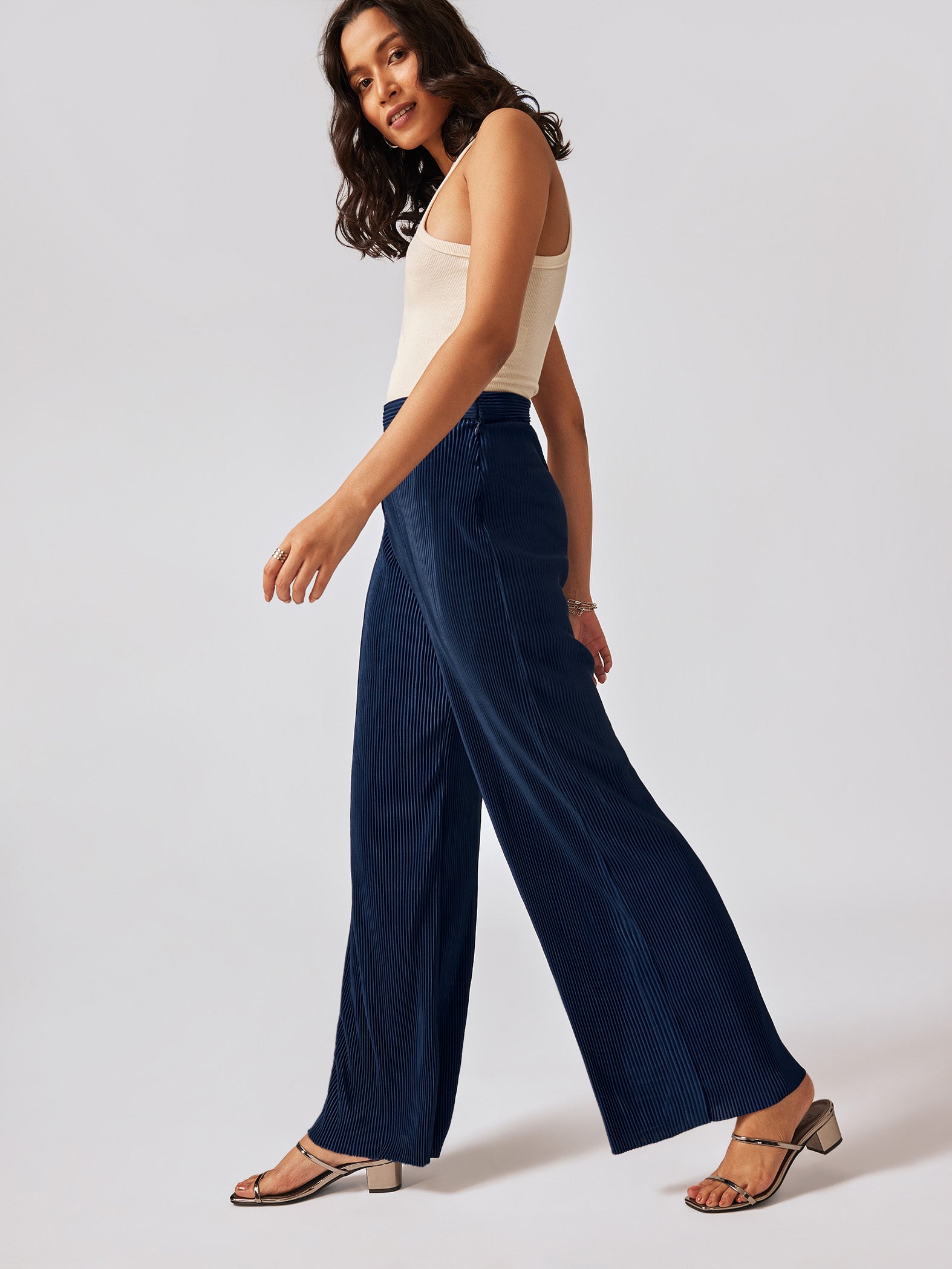 Navy Pleated Flare Pants