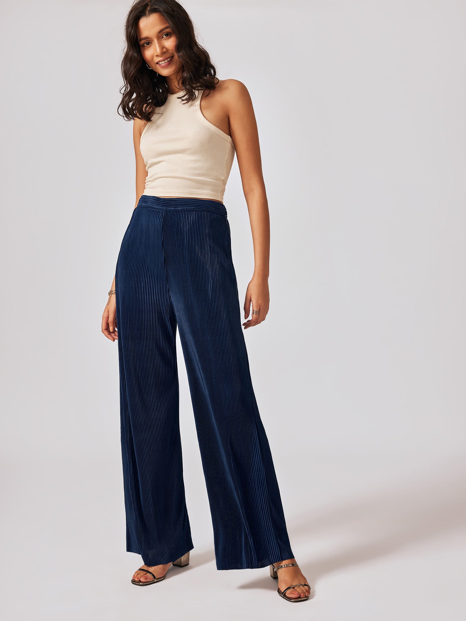 Navy Pleated Flare Pants