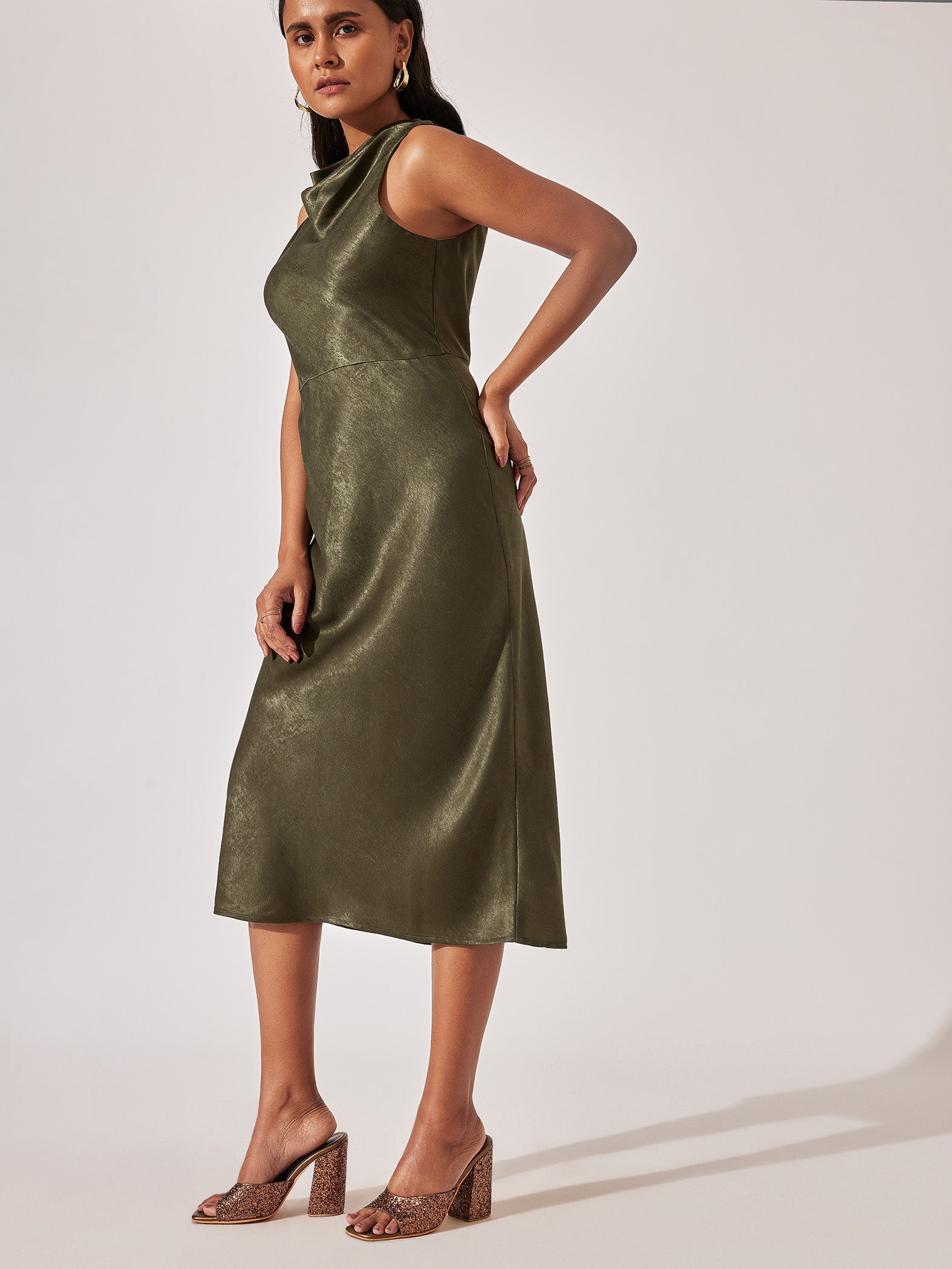 Olive Cowl Neck Midi Dress