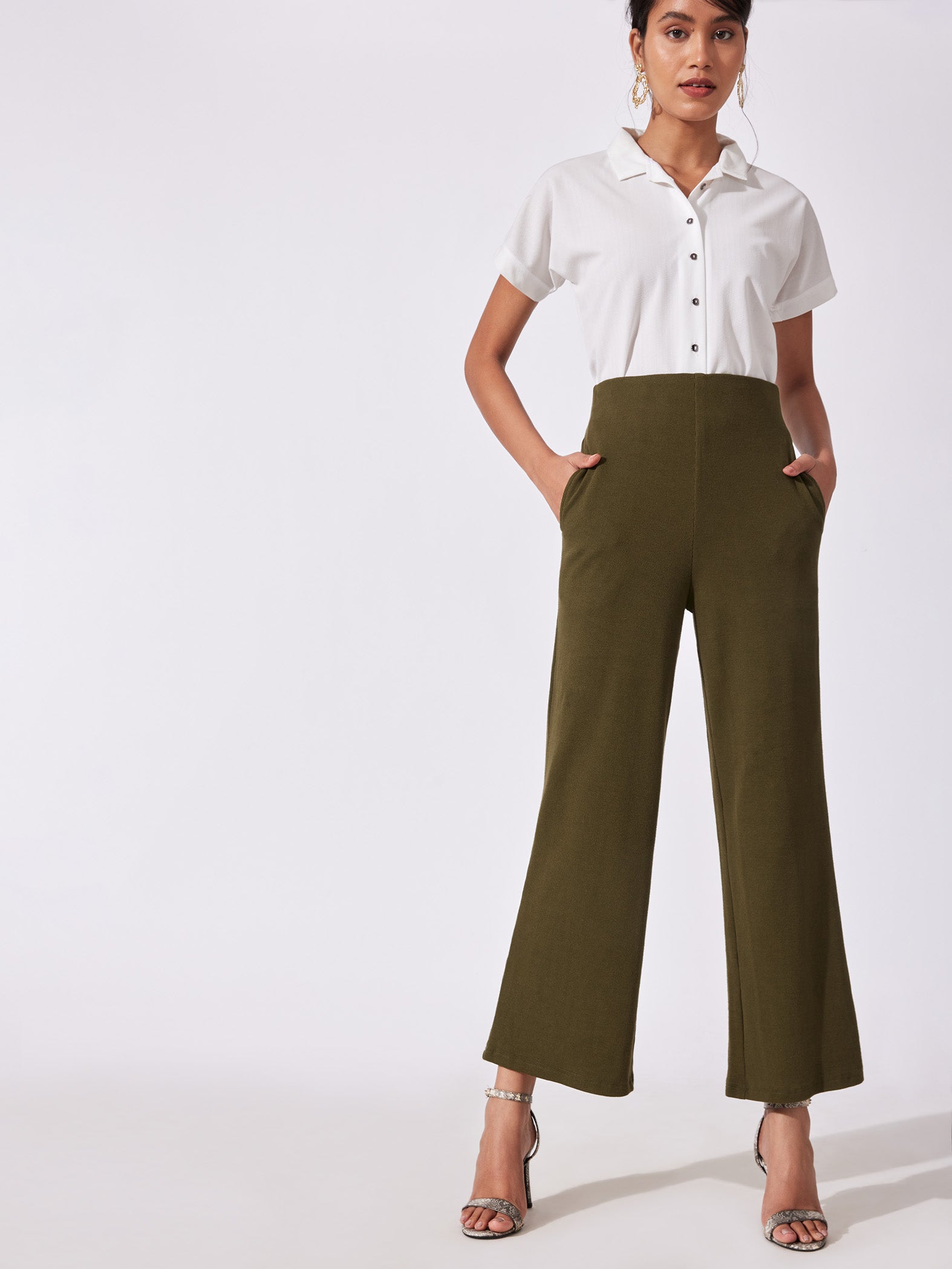 Olive Ribbed Flare Pants